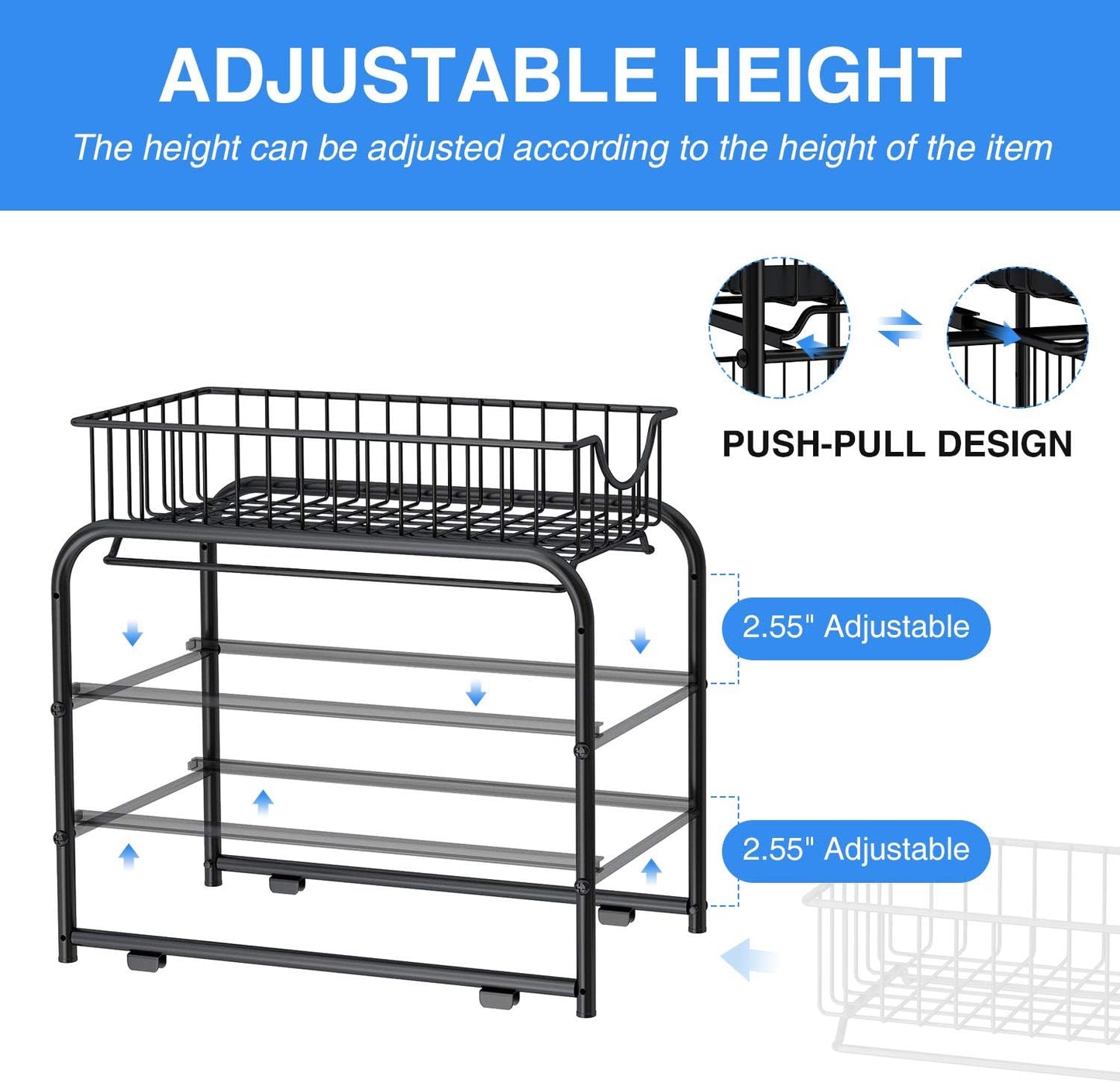 Pull-out Cabinet Organizer, Stackable 2-tier Under Sink Rack
