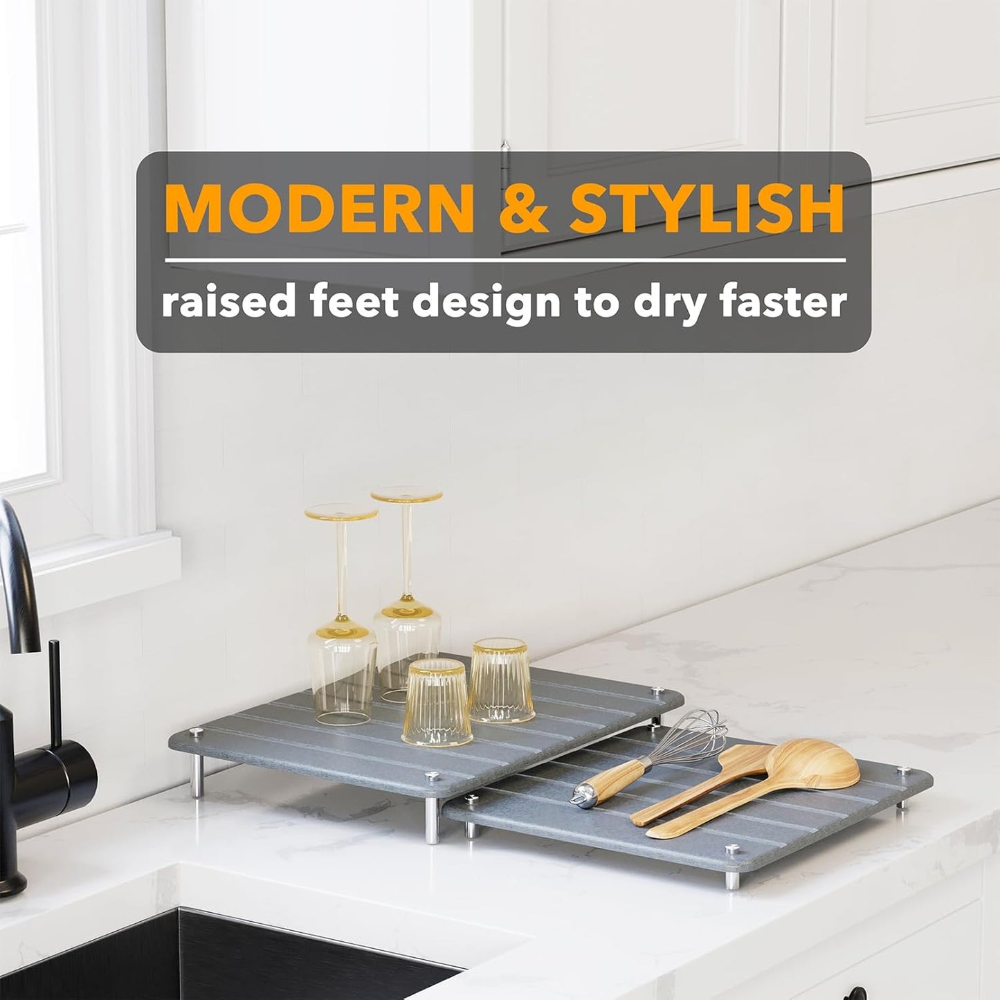 2 Pack Stone Dish Drying Mats for Kitchen Counter, Expandable Absorbent Rack Dish Pad
