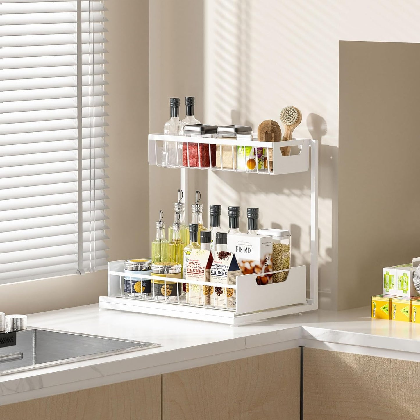 Under Kitchen Sink Organizers and Storage Pull Out 2 Tier Metal Bathroom Cabinet Organizer (White