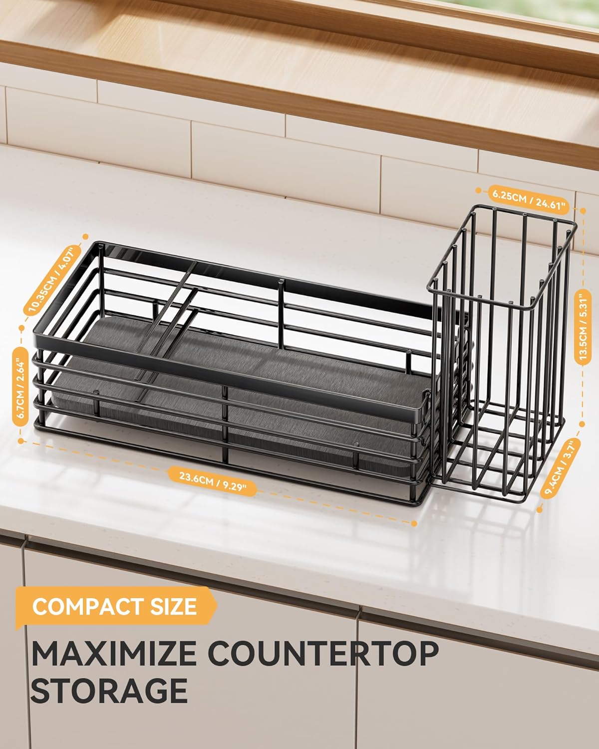 Sponge Holder for Kitchen Organizer: Sink Caddy with Instant Drying Stone, Metal Stainless Steel