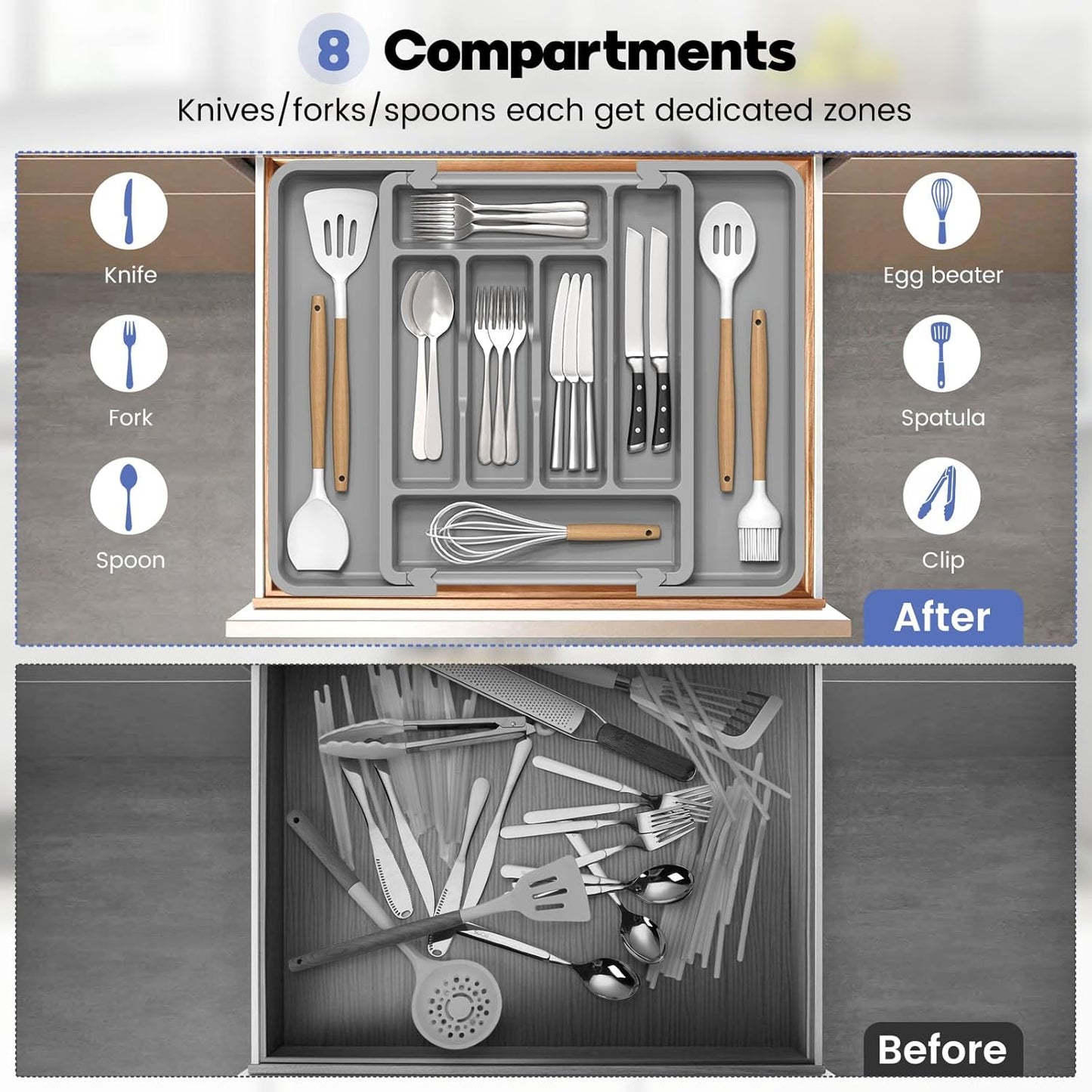 Large Silverware Organizer for Kitchen Drawer & Utensils - Expandable Drawer Organizer for Cutlery