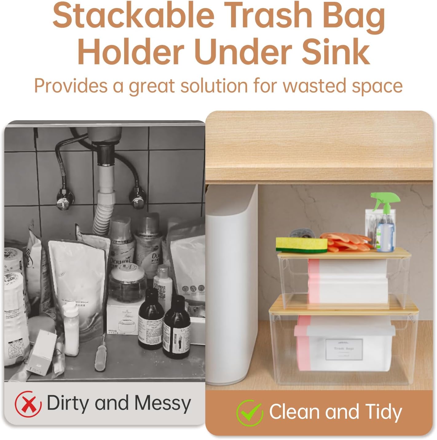 2 Pack Trash Bag Holder Under Sink Stackable, Plastic Garbage Dispenser with Lid