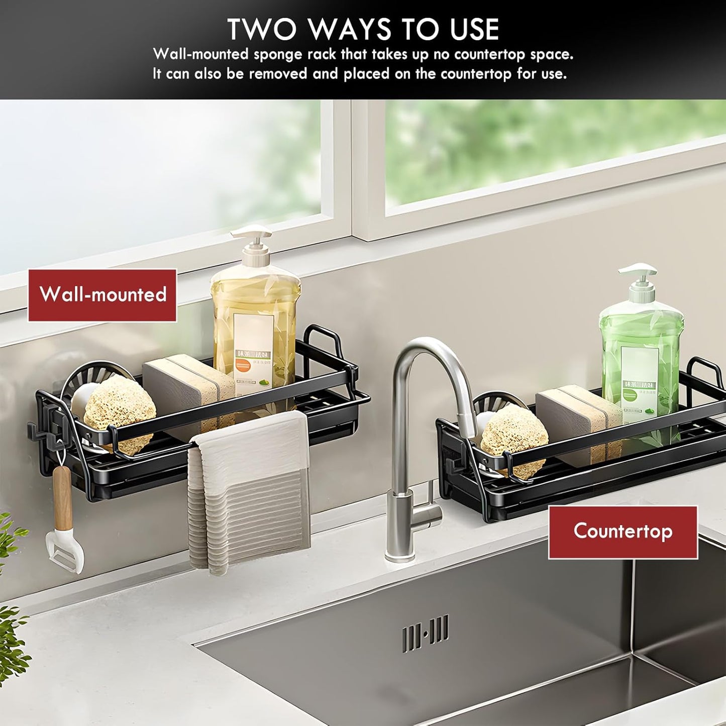 Sponge Holder for Kitchen Sink, Wall Mounted Sink Caddy with Self-Draining Drain Tray
