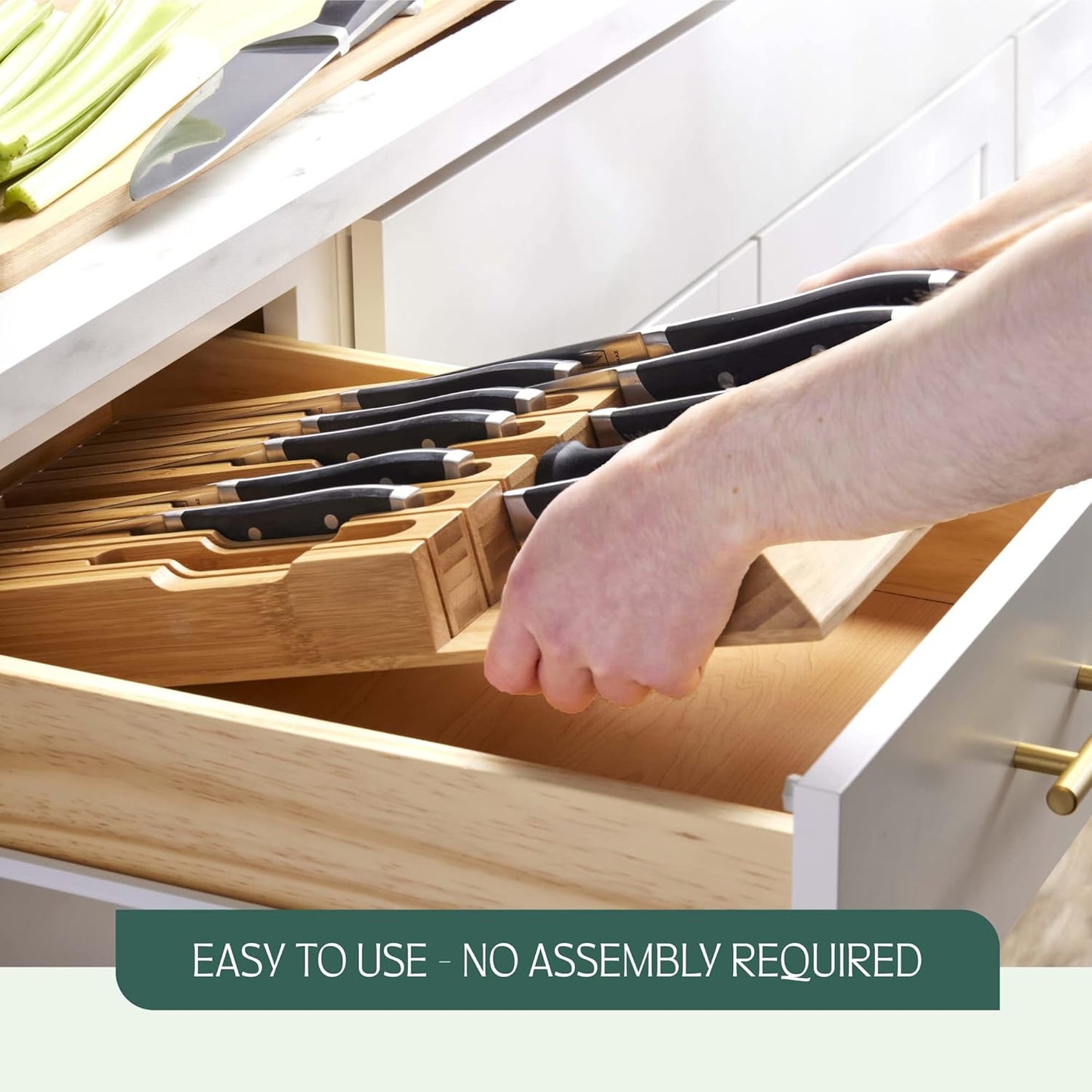 High-Grade 100% Bamboo Knife Drawer Organizer - 12 Slots Plus Sharpener, Secure, Practical