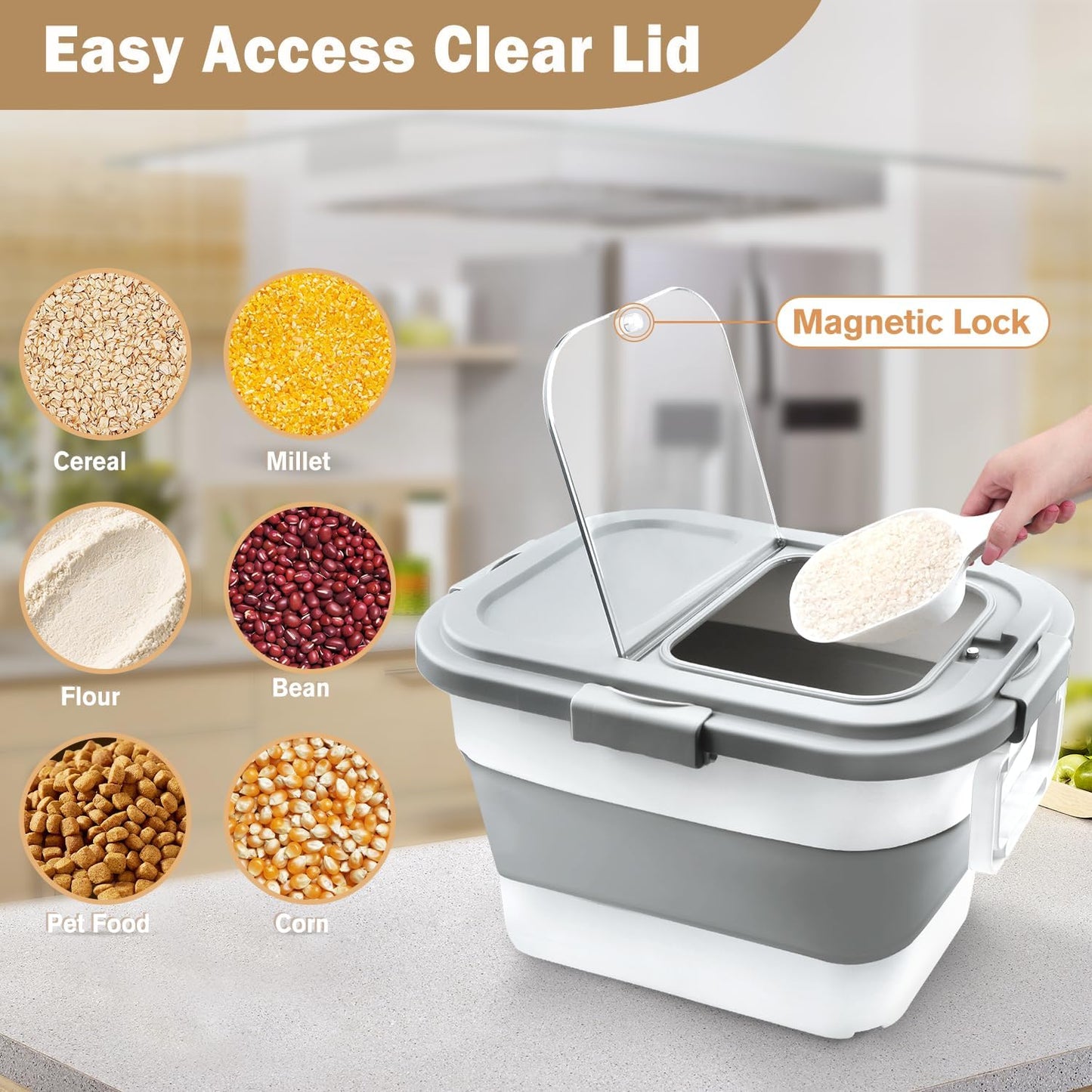 Rice Storage Container, Collapsible Airtight 10-40 Lb Rice Storage Container