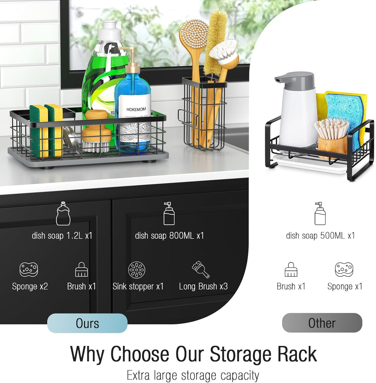 HOKEMOM Sink Caddy with Diatomite Absorbent Coasters, 6 Compartments, Black Painted Stainless Steel