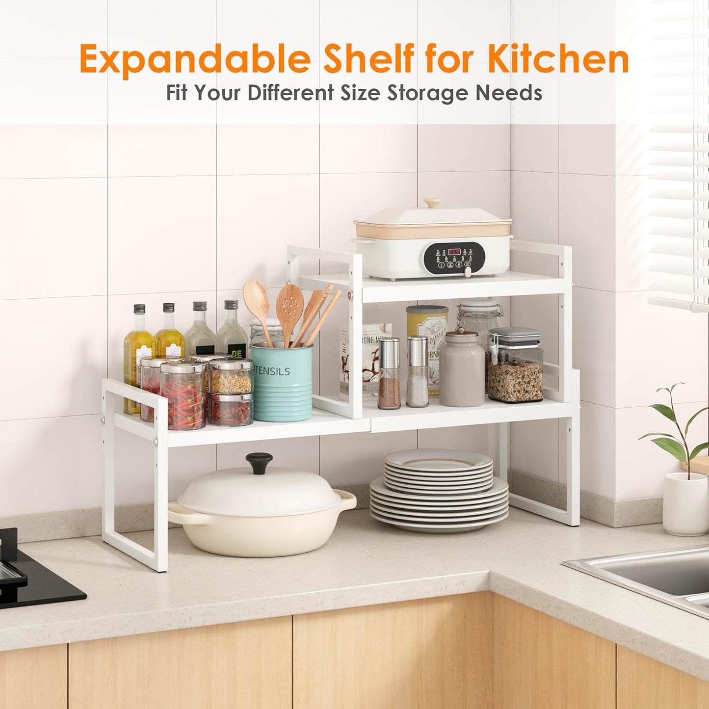 Expandable Kitchen Countertop Organizer, Stackable Cabinet Shelf Organizers