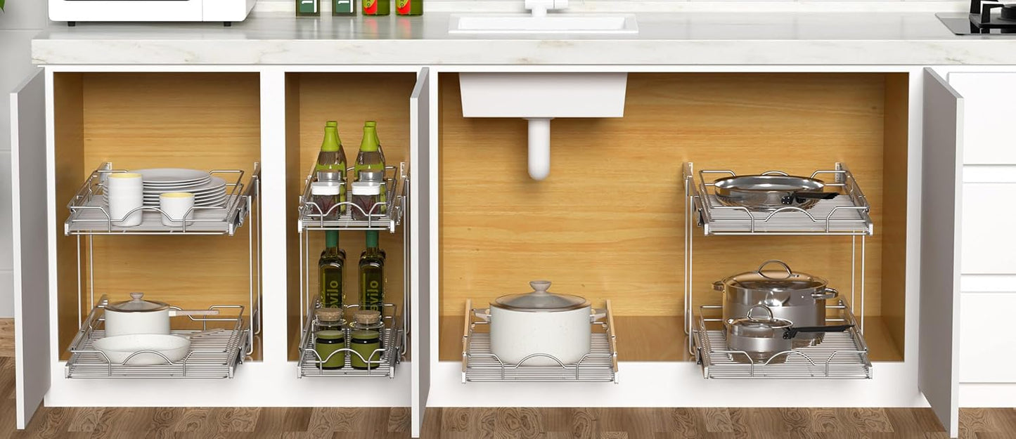 2 Tier Pull Out Cabinet Organizer (9.5" W x 21" D), Pull Out Drawers for Kitchen Cabinets