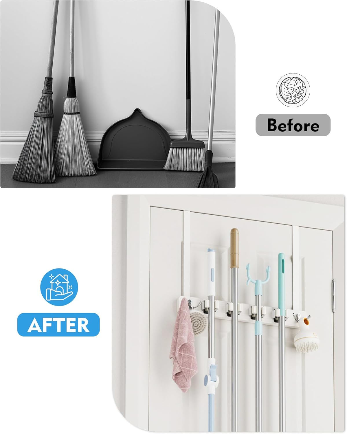 Over the Door Broom Holder, Mop and Broom Holder Door Mount