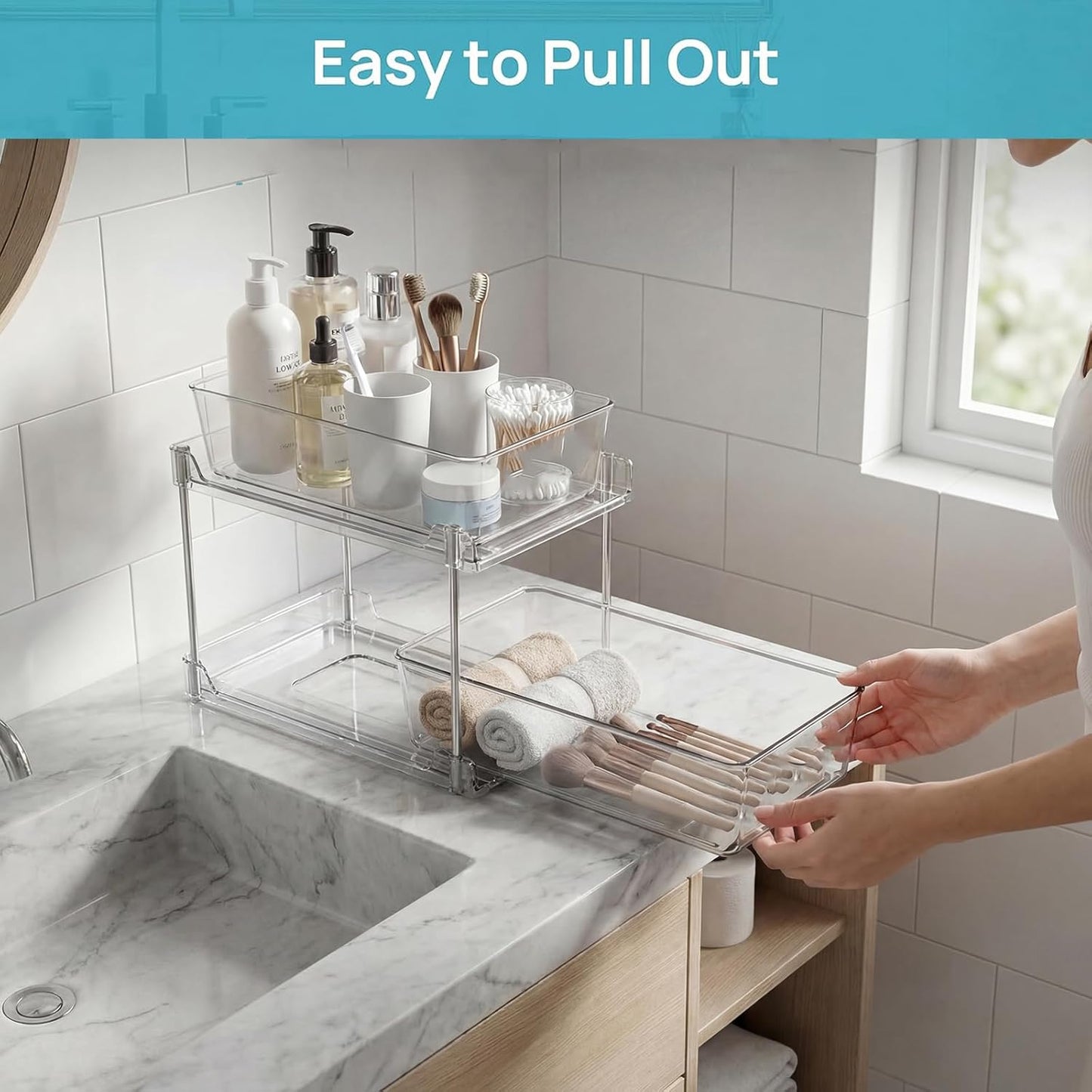 1 Pack Bathroom Organizer,2 Tier Clear Under Sink Organizers Vanity Countertop Storage Container,Cabinet Drawers Bins, Pull-Out Organization with Track for Pantry, Kitchen