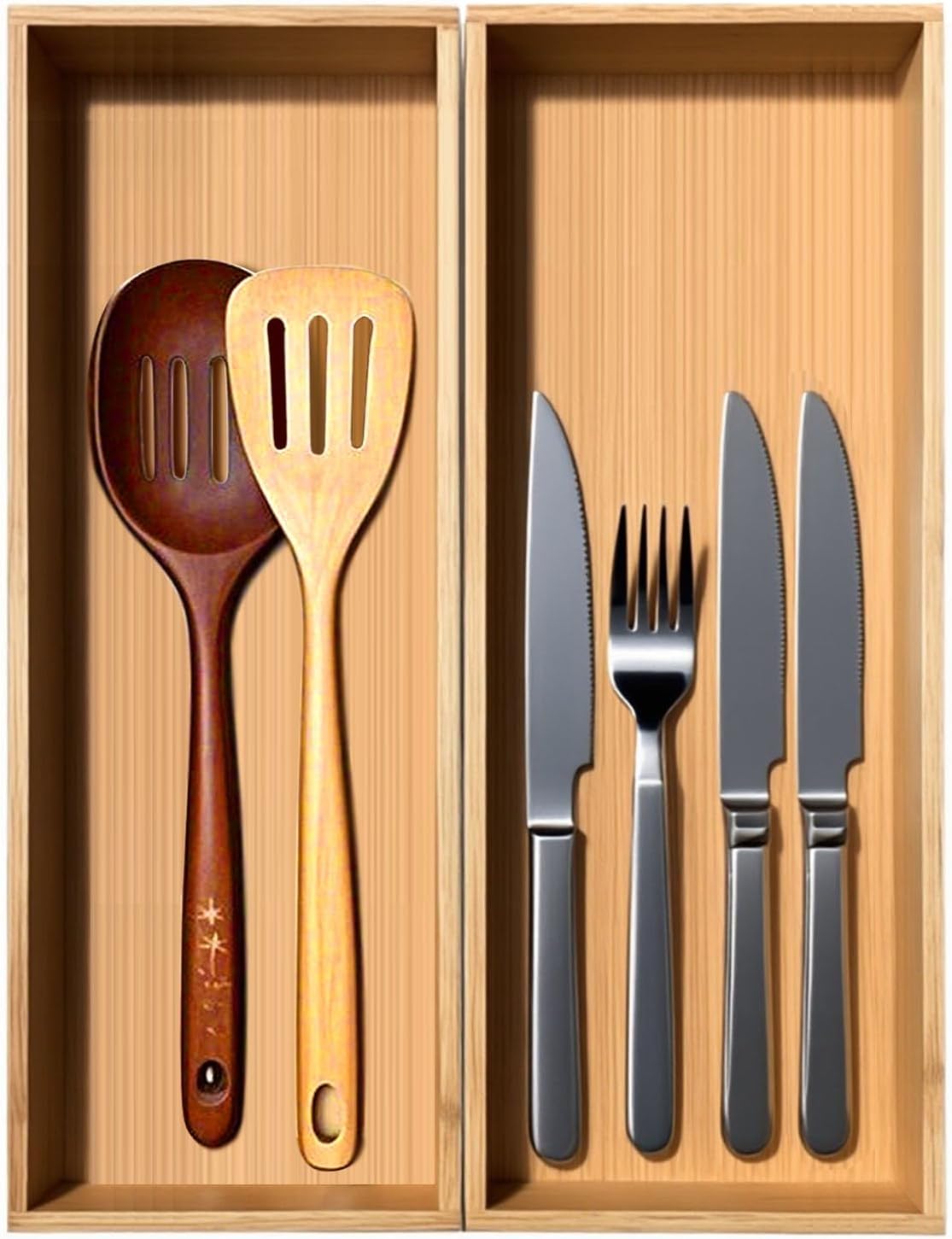 Set of 2 Bamboo Drawer Organizer, Stackable Utensil Organizer for Kitchen