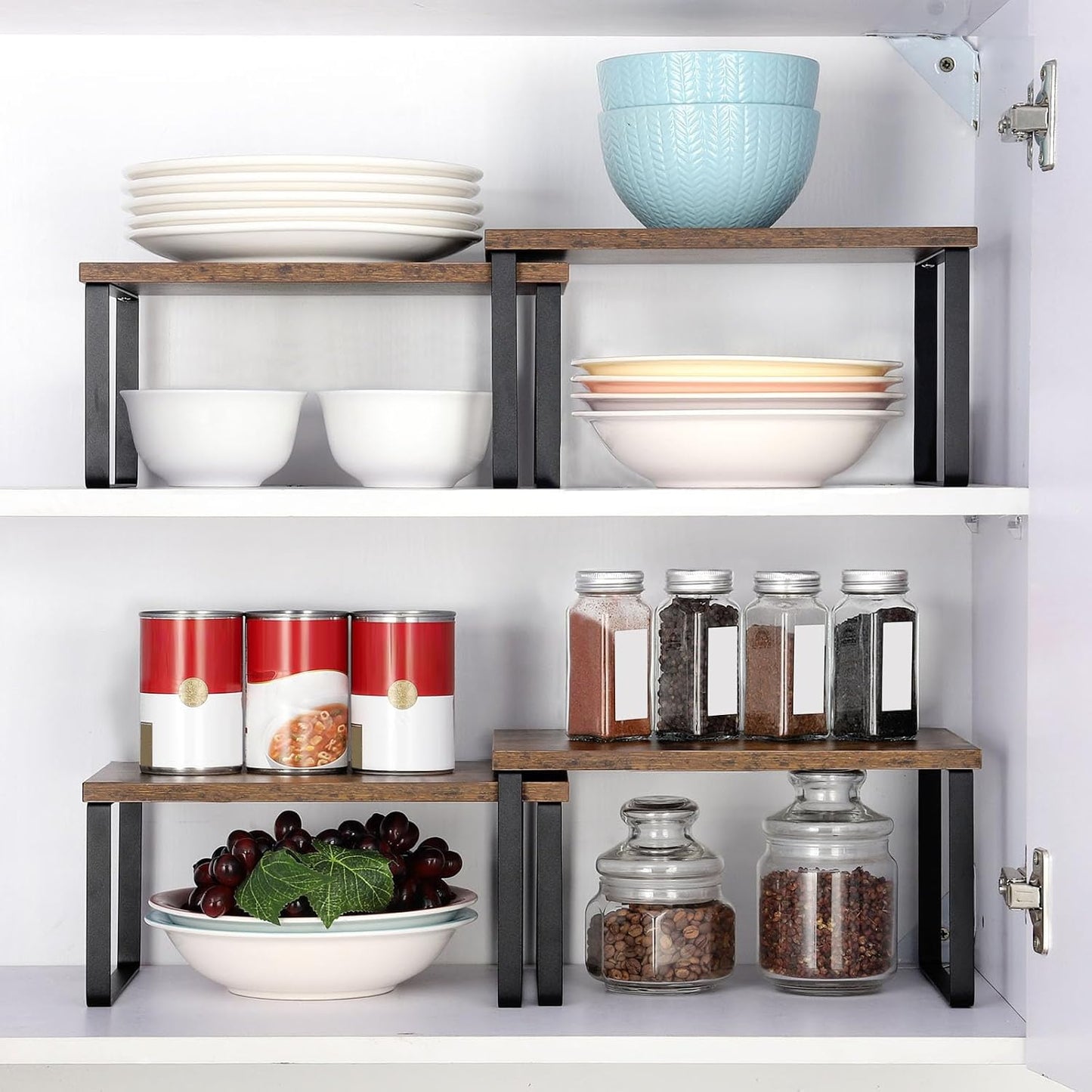 Kitchen Counter Cabinet Shelf Organizer Expandable Stackable Shelves Set of 4 Shelf Risers Small Counter Top Racks for Kitchen Cupboard Pantry, Brown