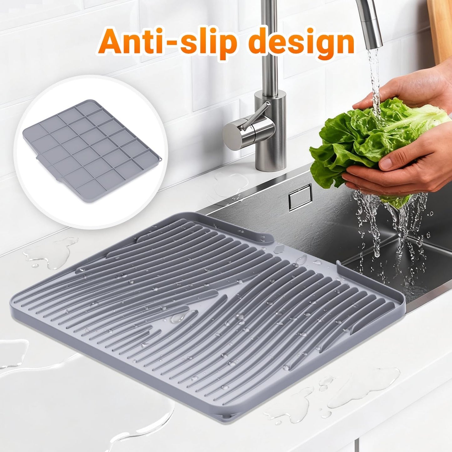 Silicone Dish Drying Mat for Kitchen Counter, Non-Slip Drain Pad, Dish Drying Pad