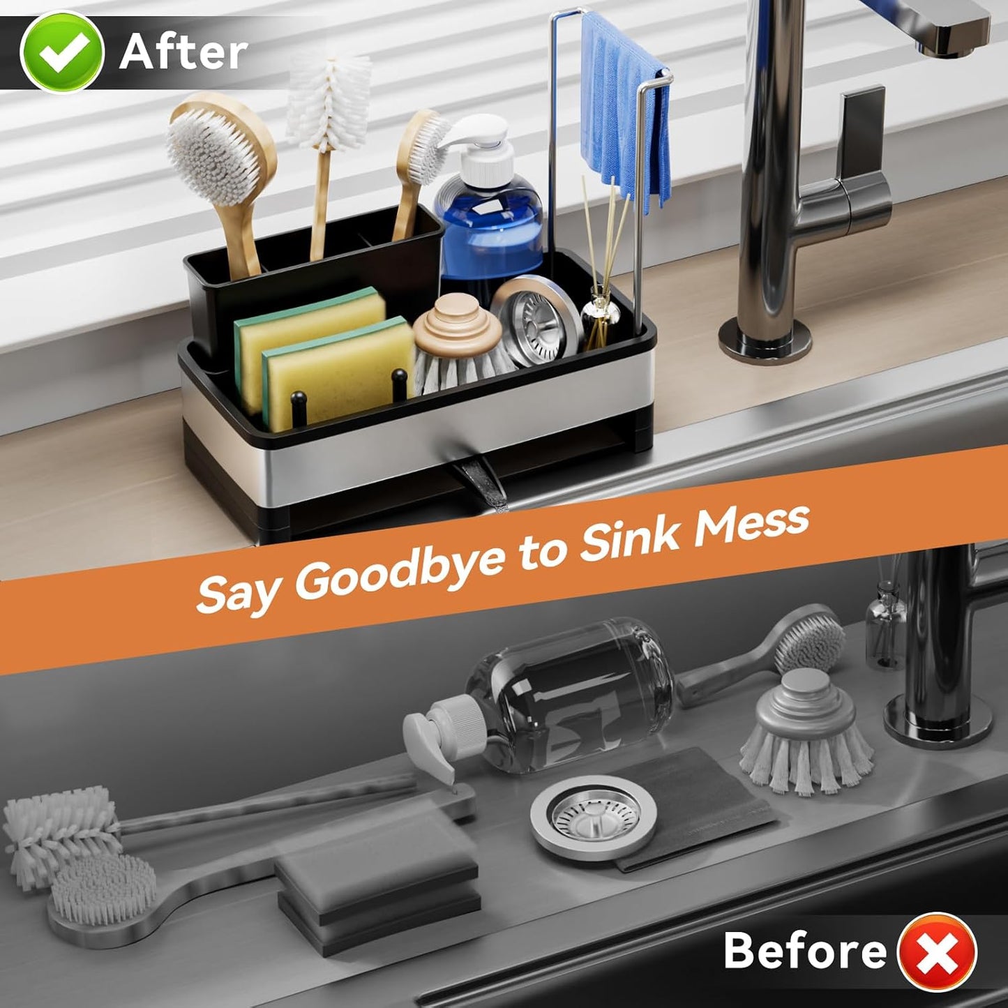 Sponge Holder for Kitchen Sink, Rustproof Stainless Steel Sink Caddy with Auto-Drain
