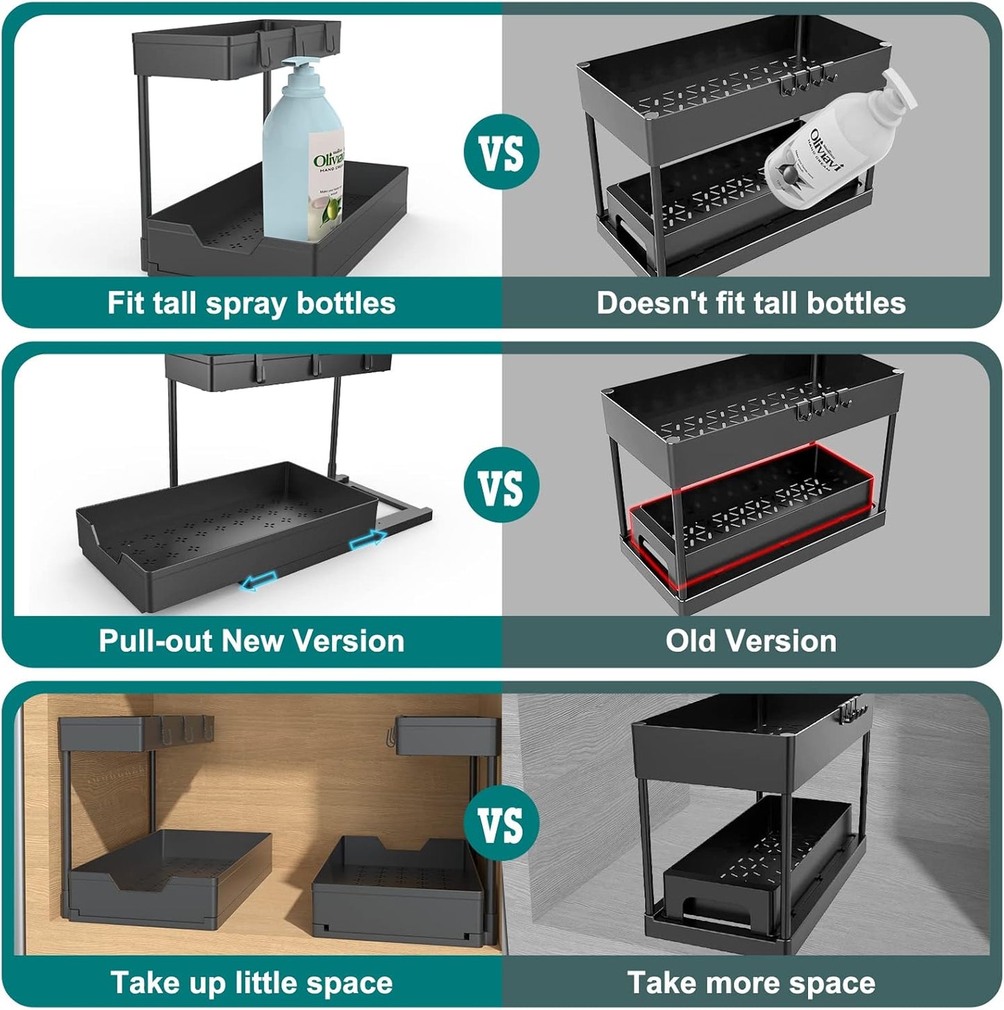 2 Pack Under Sink Organizer 2 Tier Sliding Cabinet Organizers Multi-Purpose Sink Storage Basket L-Shape Narrow Space Storage Shelves with 4 Hook for Kitchen Bathroom Drawer, Black