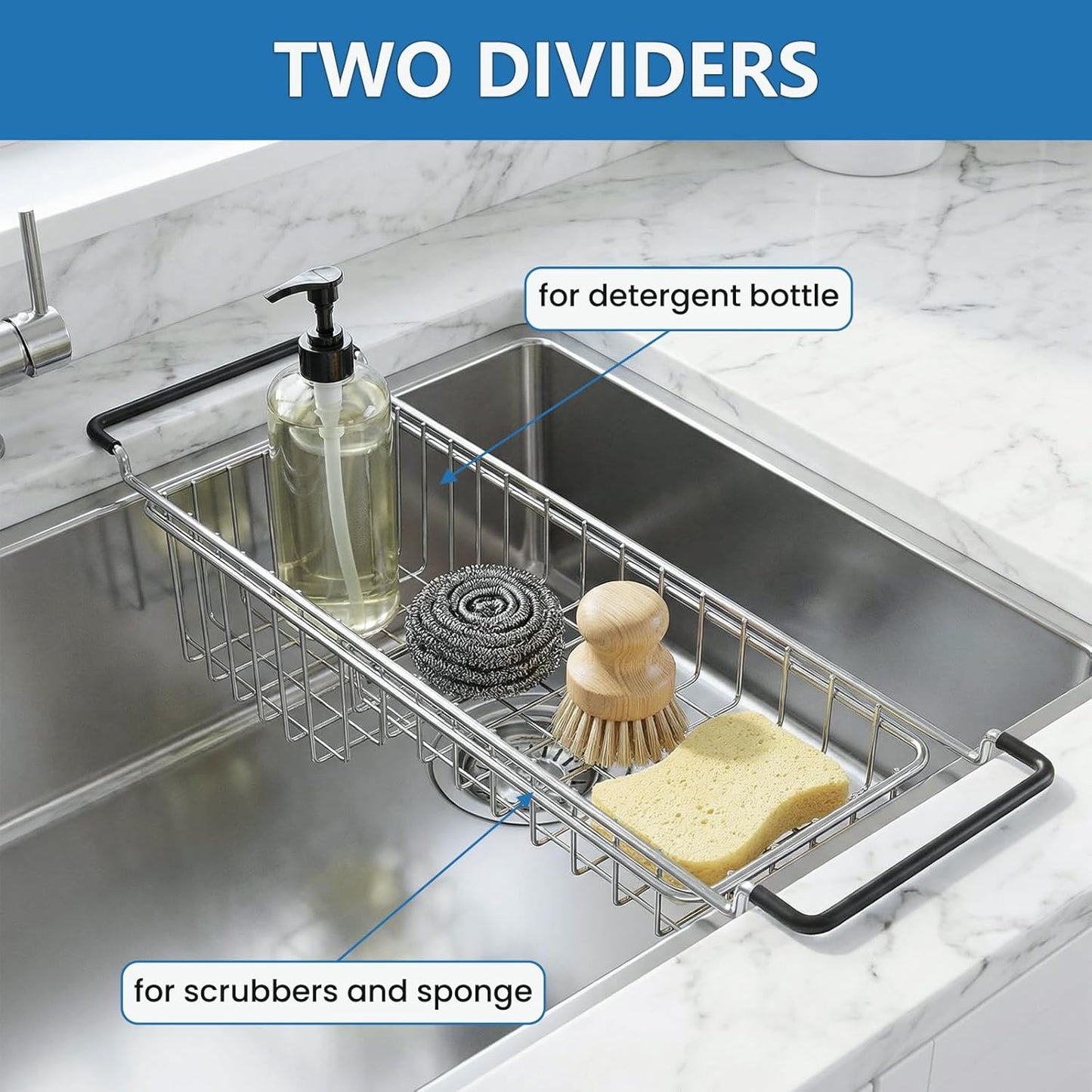 Over The Kitchen Sink Caddy Sponge Holder Organizer Drying Rack Expandable for Sponge Brush Soap 13.8" to 20.8", Stainless Steel