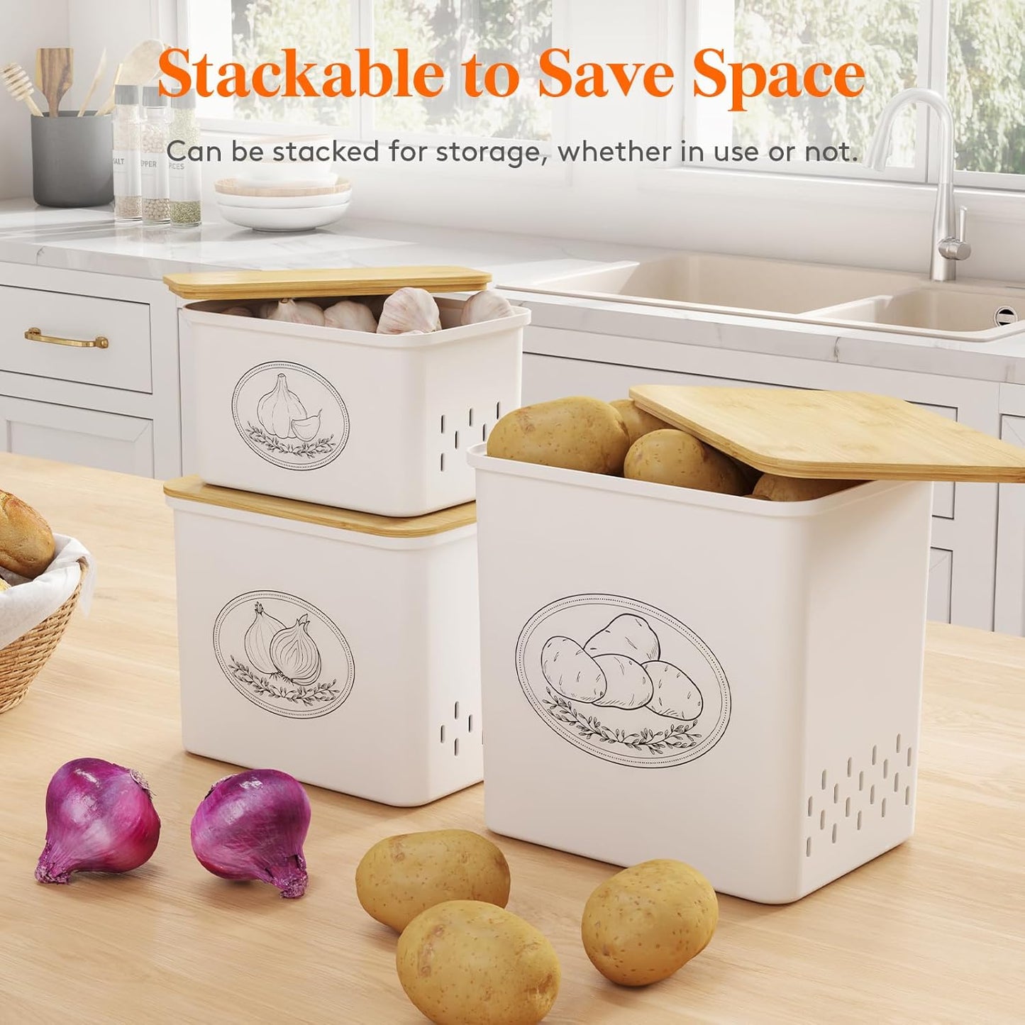 Potato and Onion Storage Bin, Stackable Garlic Keeper with Aerating Holes and Lid