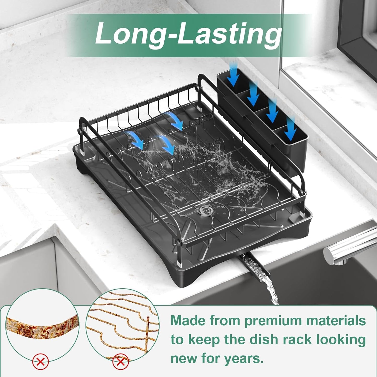 Dish Drying Rack for Kitchen Counter, Large Dish Drying Rack with Utensil Holder & Cutlery Tray