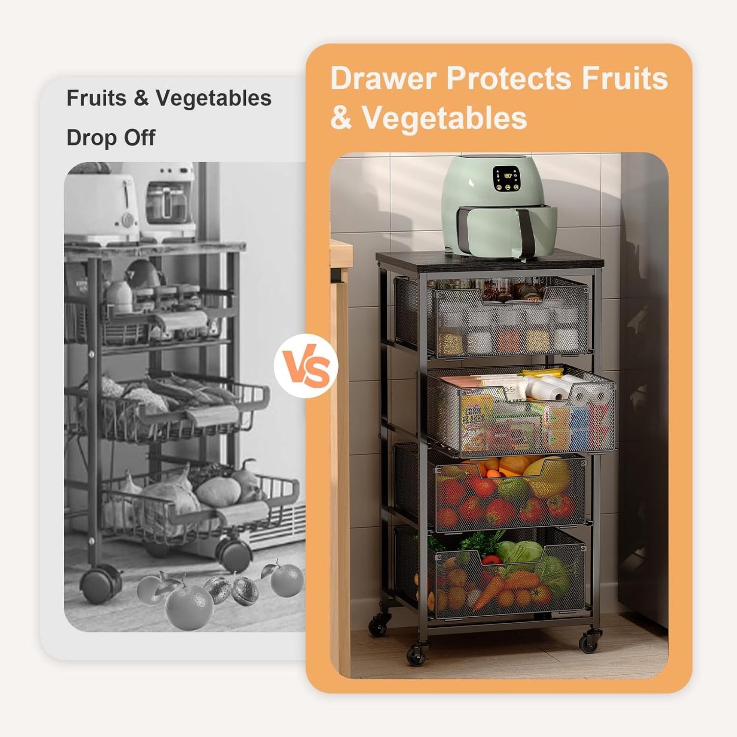 4-Tier Fruit Vegetable Storage Cart - Kitchen Organizer and Storage Cart with Wheels