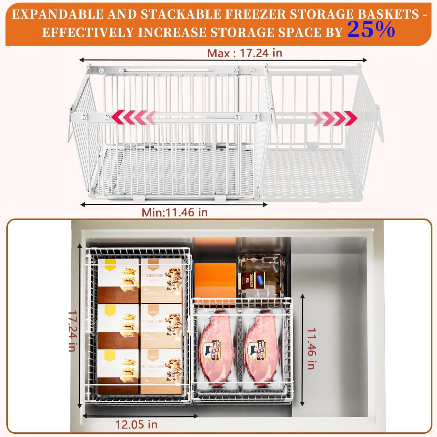 Large Freezer Organizer Bins,Upgraded Bottom Leak-Proof net,2 Pack, Expandable Stackable Chest Freezer Containers with Handle,for Fridge, Deep Freezer, Cabinet, Kitchen, Pantry (White-2Pack)