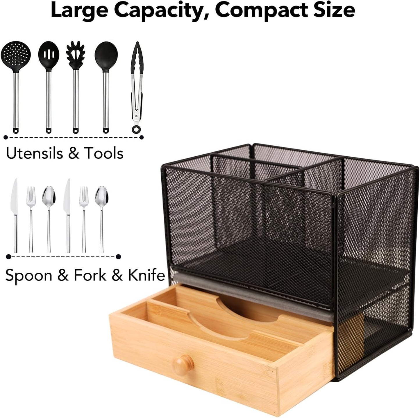 Kitchen Utensil Holder Countertop, Extra Large Utensil Organizer with Drawer