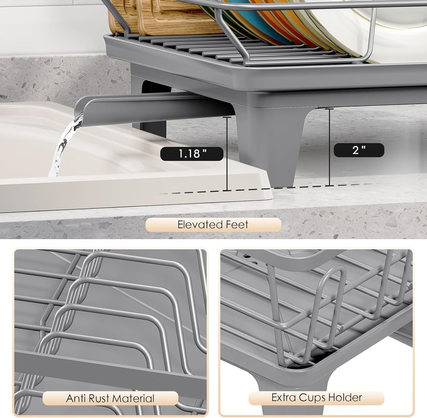 Dish Drying Rack for Kitchen Counter, Sink Dish Rack with Drainboard