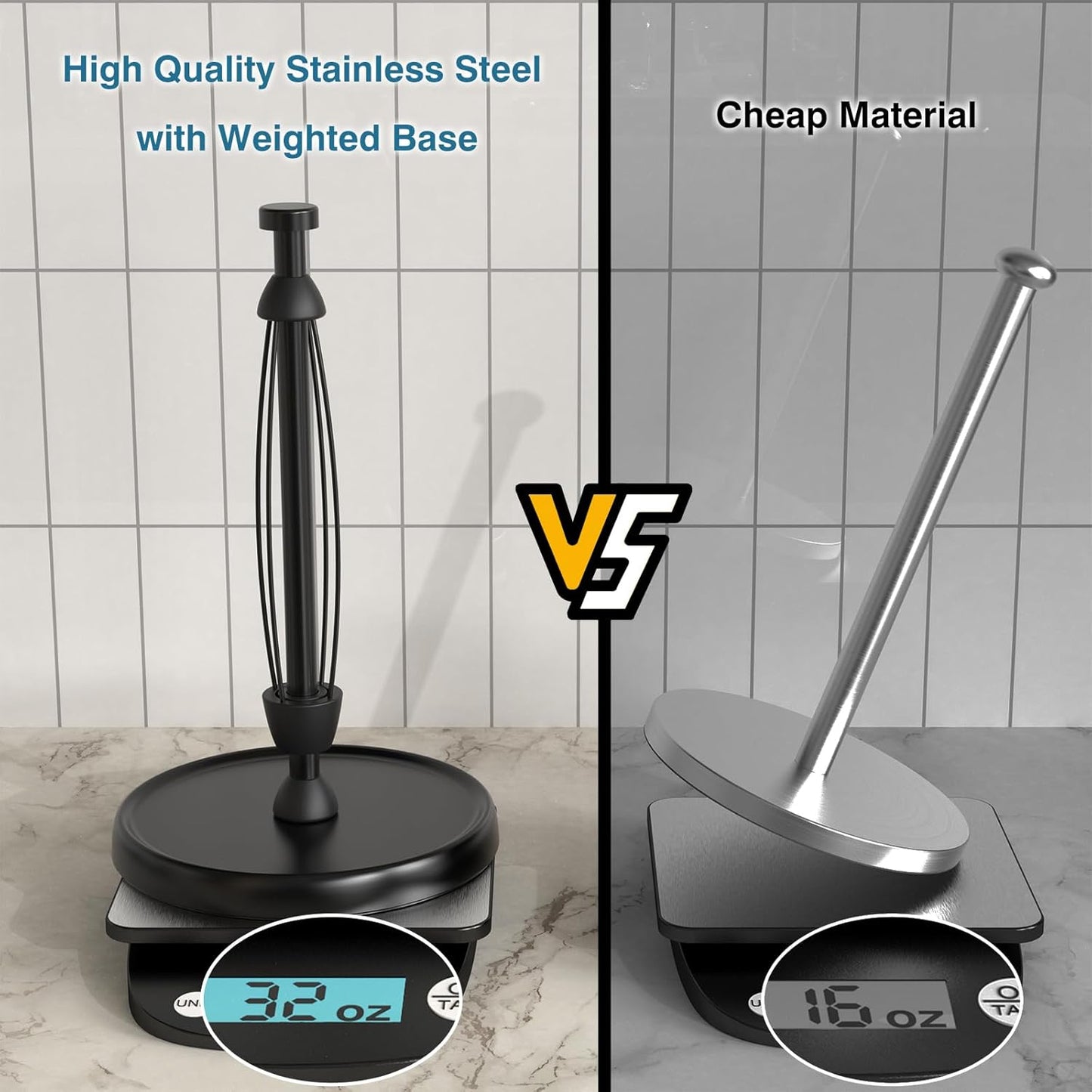 Paper Towel Holder Countertop, One-Handed Tear, Stainless Steel, Weighted Base, Black