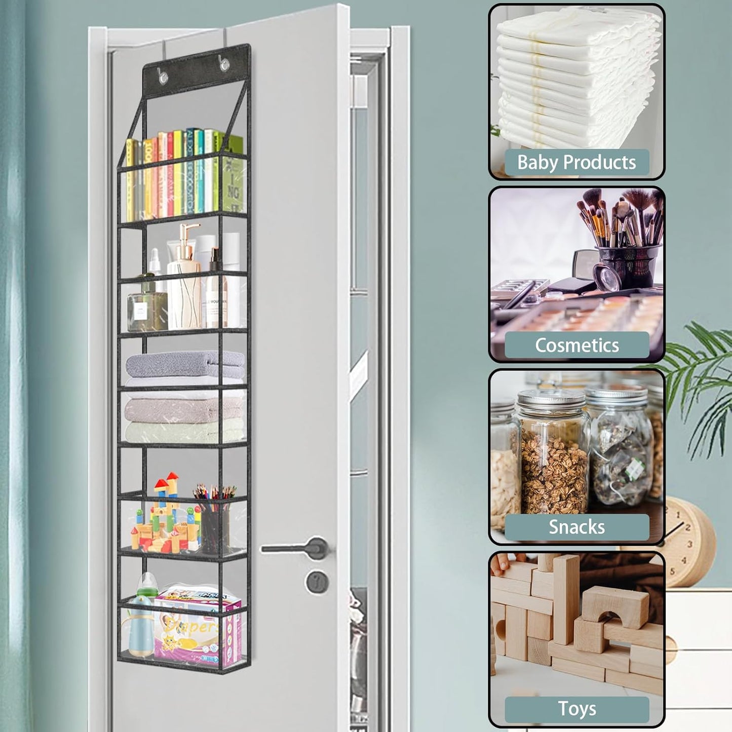 5-Shelf Over The Door Pantry Organizer with Clear Pockets, Heavy Duty Hanging Storage for Closet