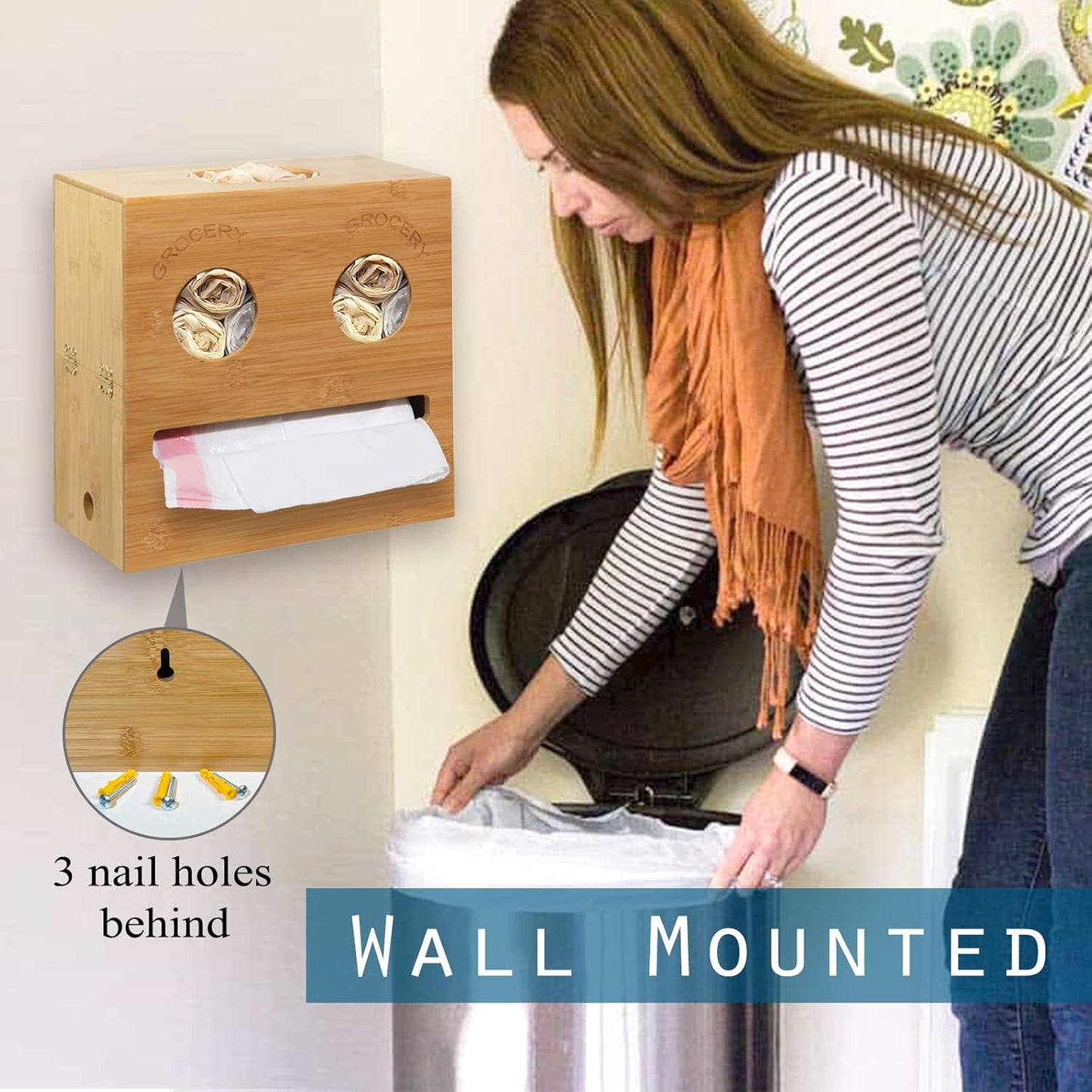 2-in-1 Trash Bag Dispenser & Grocery Bag Holder with Hanger for Standard Trash Bag Rolls