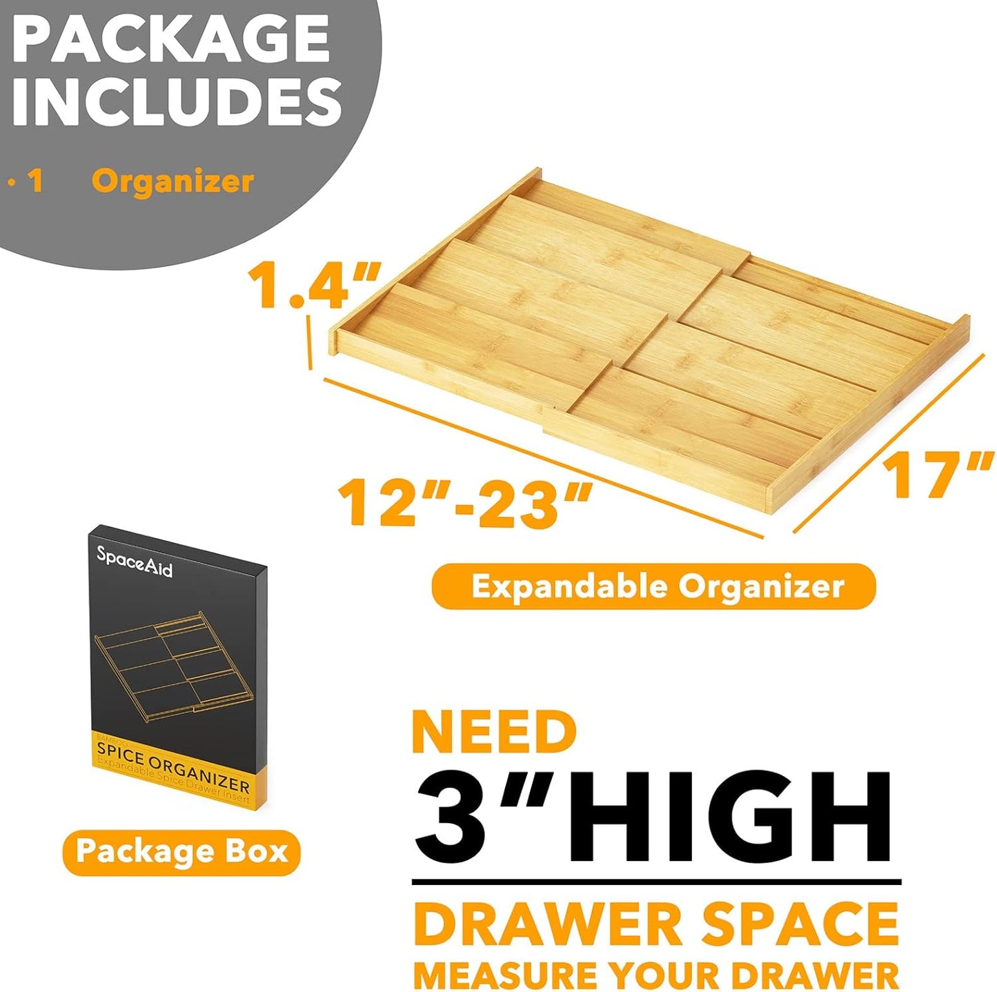 Bamboo Spice Drawer Organizer, (Need 3" Deep Drawer) Expandable 4 Tier Spices Rack for Cabinet