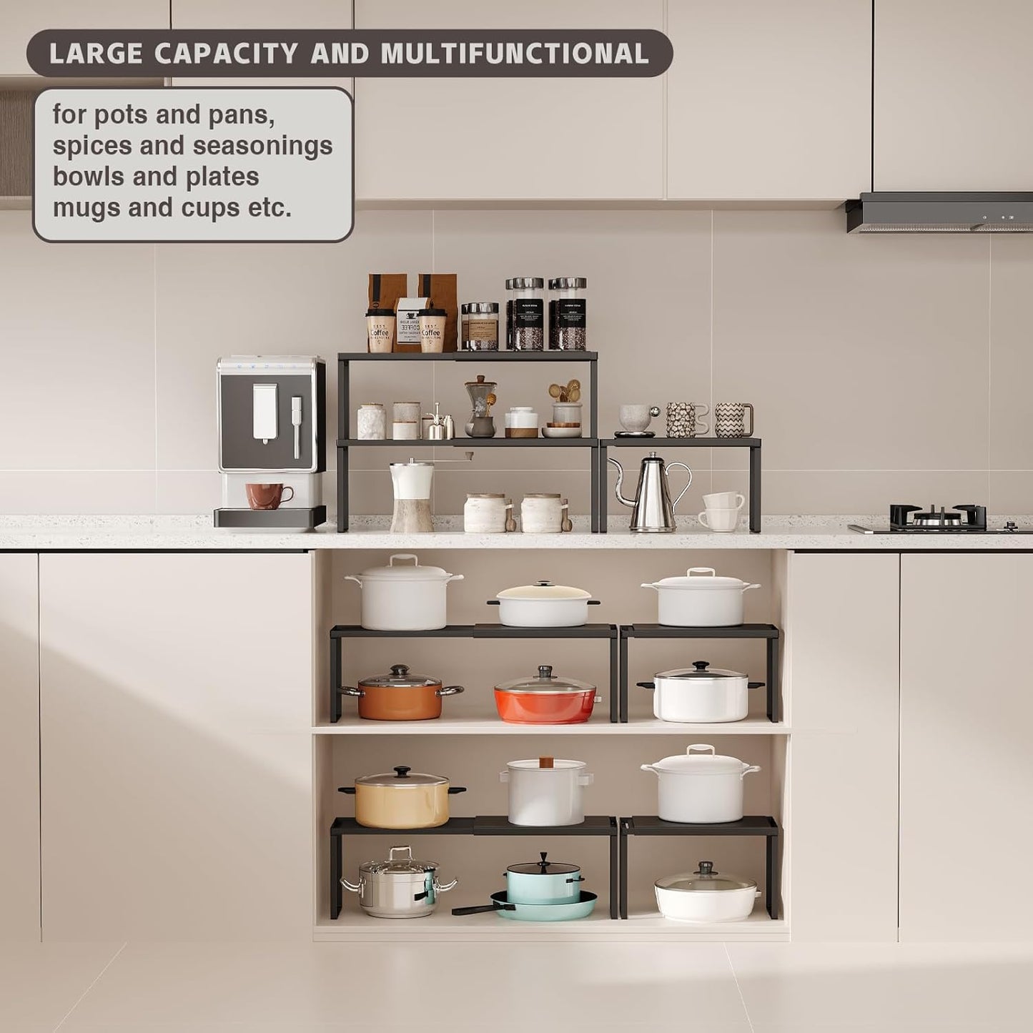 Expandable Cabinet Shelf Organizer, 2 Pack Stackable Kitchen Counter Shelf Riser