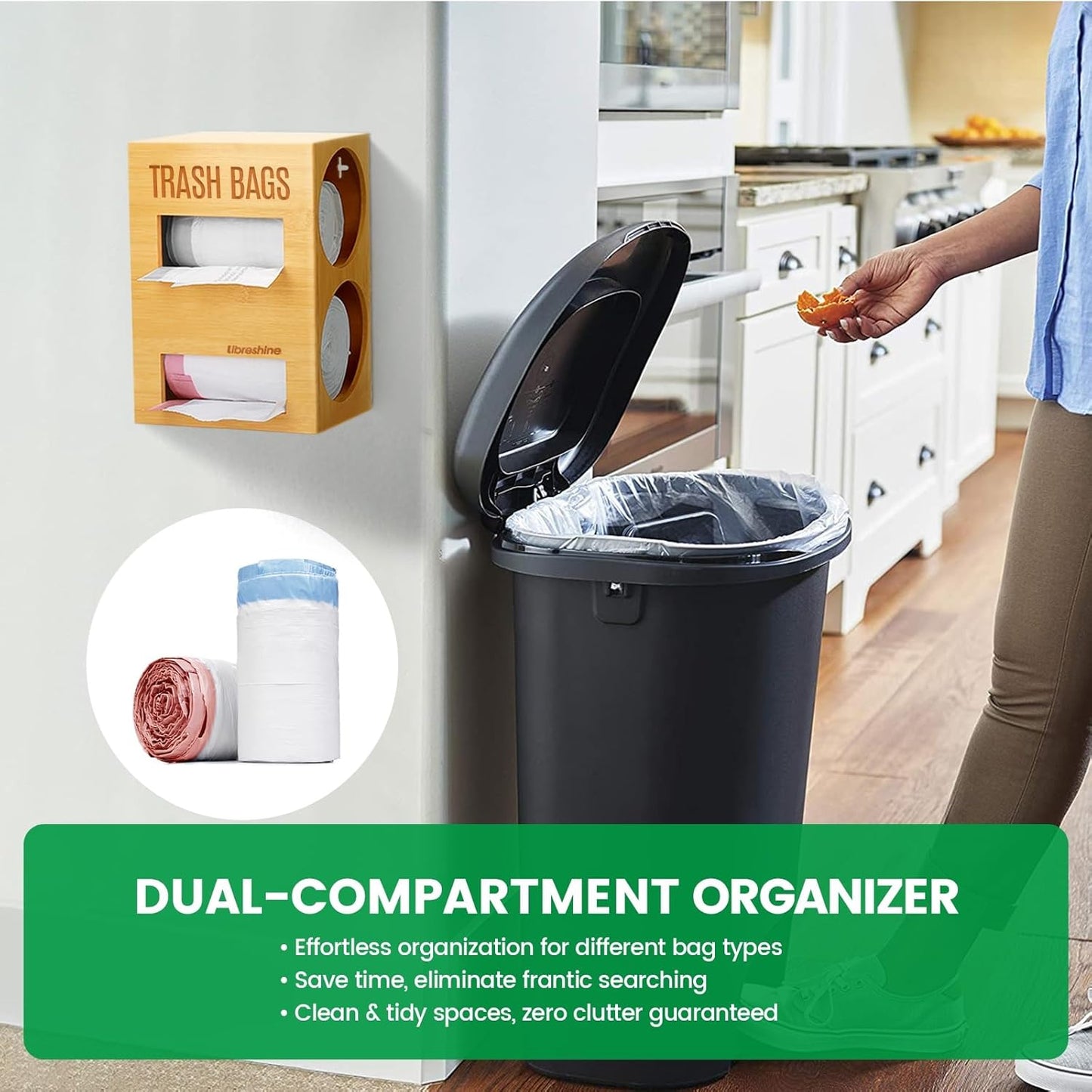Dual Roll Bamboo Trash Bag Dispenser & Grocery Bag Holder