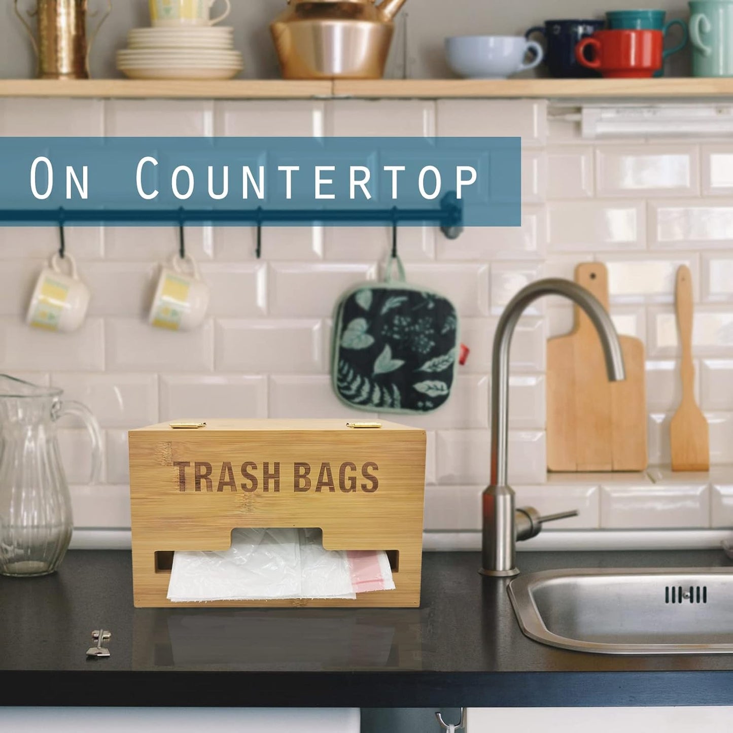 Trash Bag Dispenser with Handles, Garbage Bag Holder for Standard 13/30 Gallon Rolls Less Than 80 Bags, Kitchen Laundry Trash Bag Organizer, Wall Mounted/On Countertop/Under-Sink
