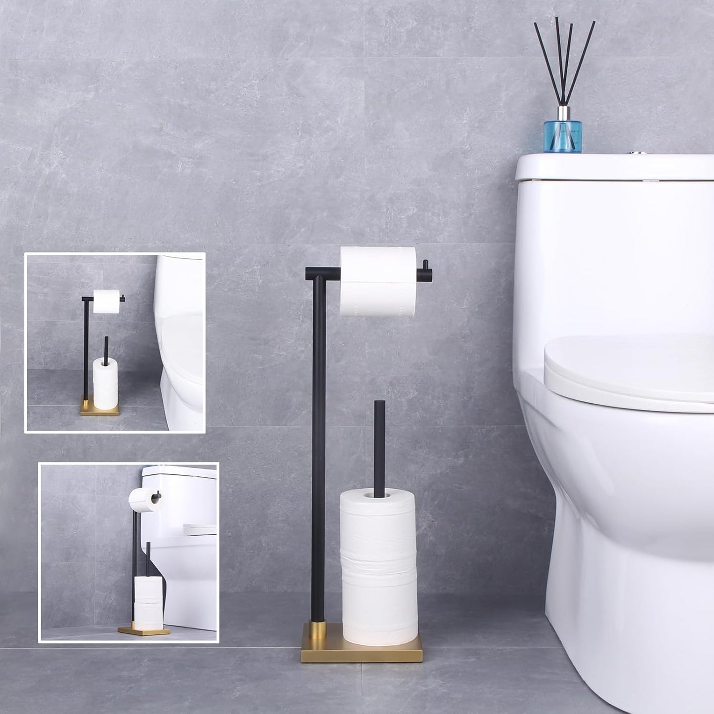 Bathroom Free Standing for Countertop Toilet Paper Holder SUS 304 Stainless Steel Stand Modern Paper Towel Holder (Black & Gold) DZY003-BD