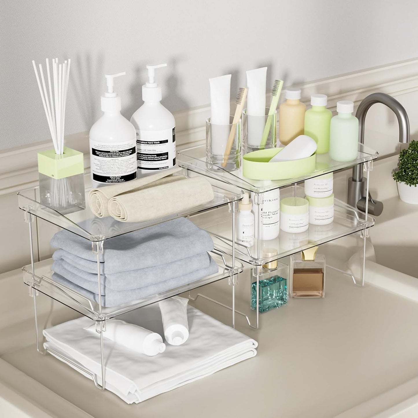 Acrylic Cabinet Organizer Shelf,4 Pcs Stackable Kitchen Counter Shelves,Spice Rack,Countertop Organizers,Clear Plastic Storage Organization for Makeup,Bathroom,Cupboard,Desk,Pantry