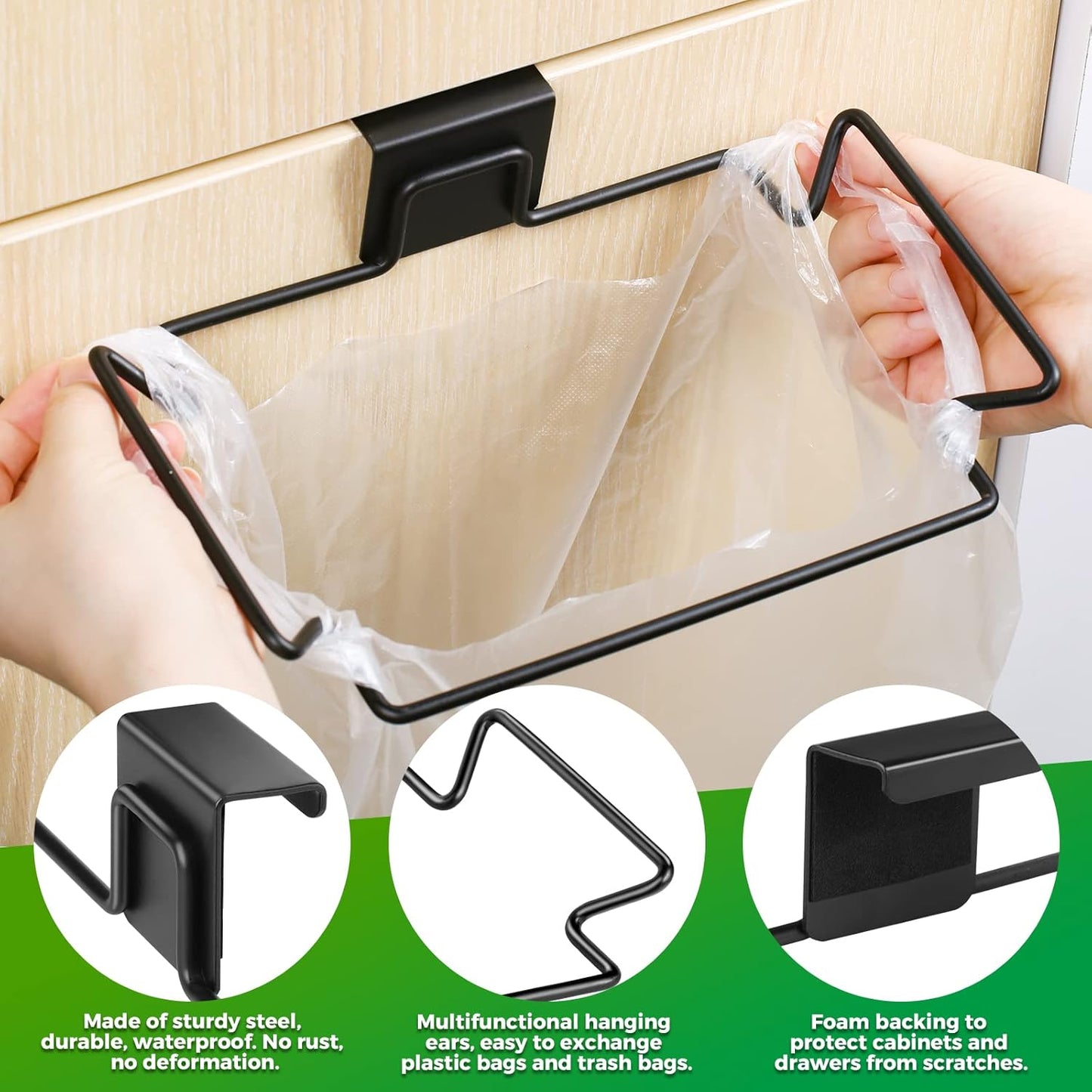 Trash Bag Holder,2 Pack Trash Bag Holder for Cabinet Door and Cupboards,Stainless Steel,Black,Plastic Bag Holder under Sink,Use for Kitchen,Bathroom,Camper,Rv