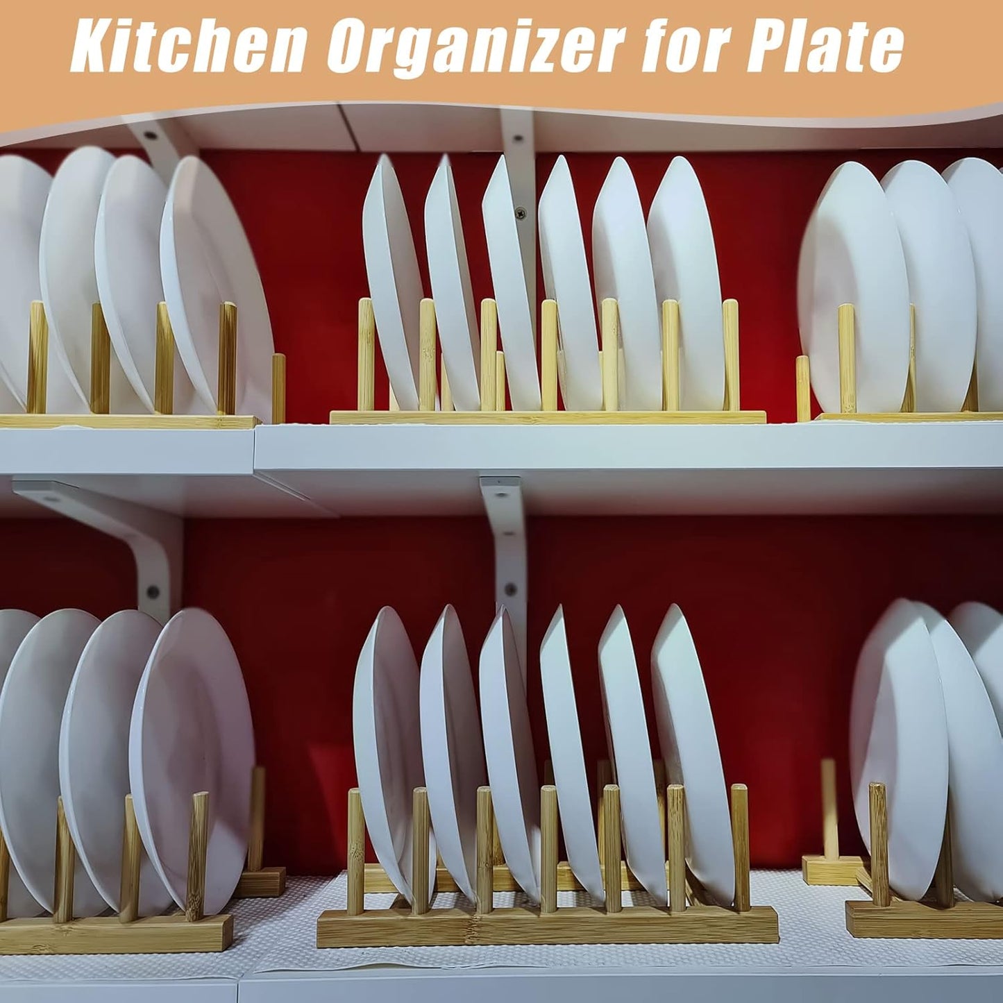 8 Pcs Bamboo Wooden Plate Rack Dish Drying Rack Wood Pot Lid Holder Stand Kitchen Cabinet Organizer for Bowl Cup Cutting Board