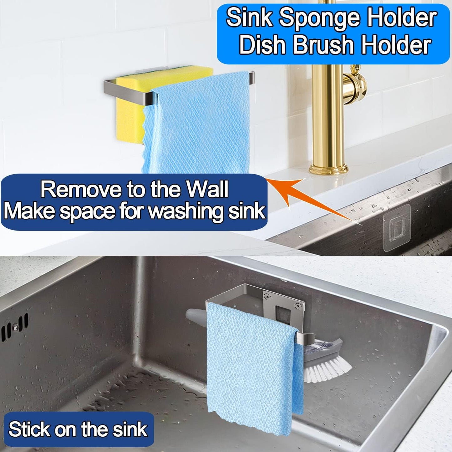 Kitchen Sink Sponge Holder - Sponge and Dish Cloth Hanger, Adhesive Rustproof Kitchen Sink Rack