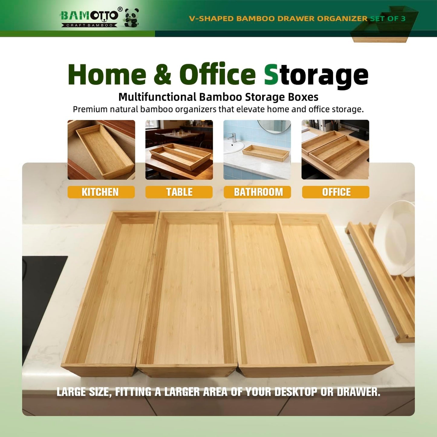 V-Shaped 3-Pack 19.6" Long Bamboo Drawer Organizer Box