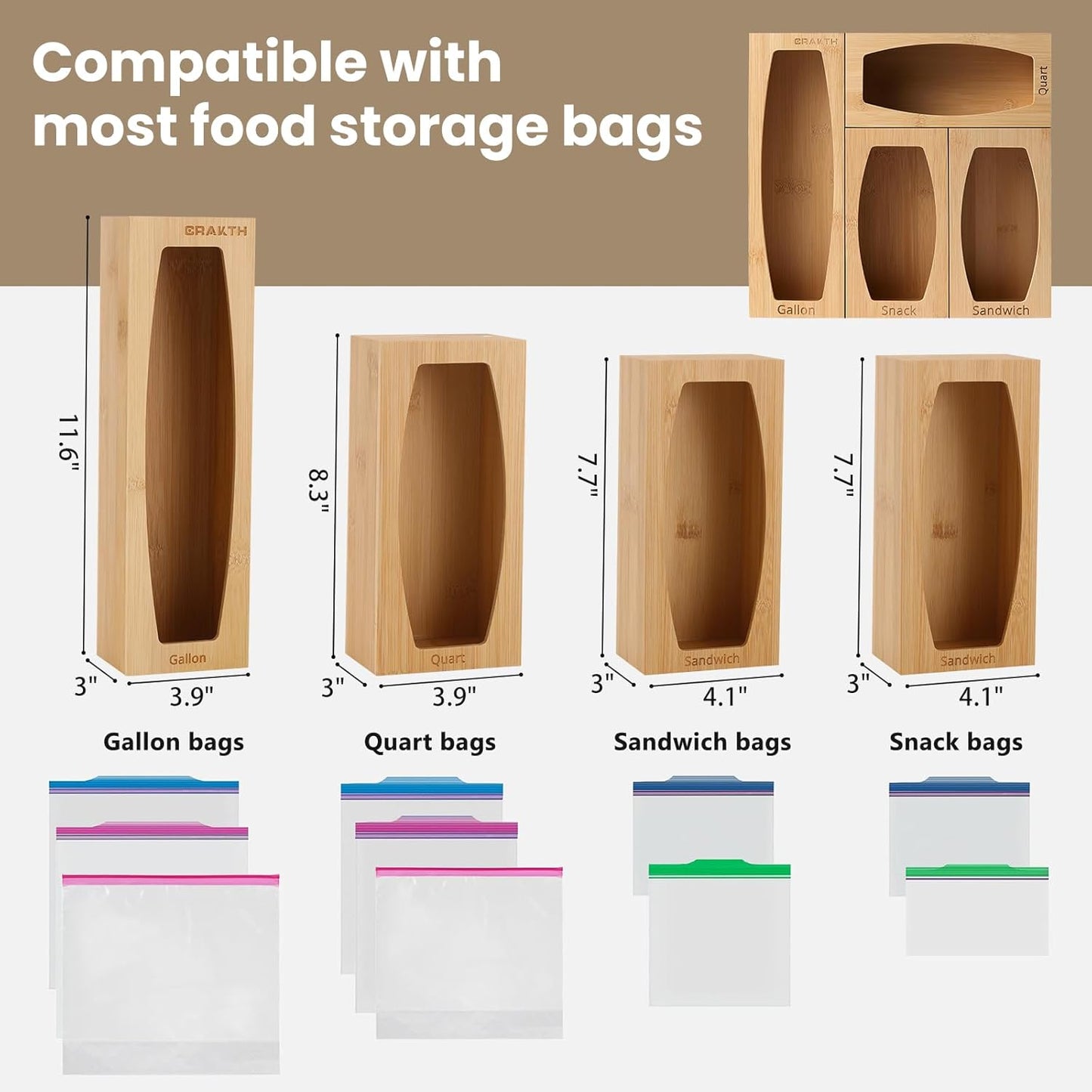 Bamboo Plastic Bag Storage Organizer for Kitchen Drawer, 4 Separate Baggie Organizer