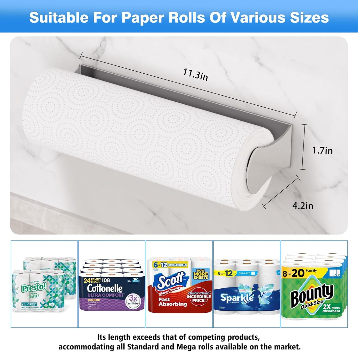 Paper Towel Holder Under Cabinet, Stainless Steel, Silver, Adhesive & Wall Mount
