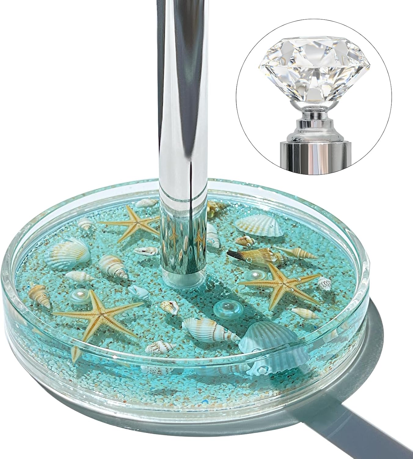 Paper Towel Holder Countertop Acrylic w/Nature Seashell Handmade,Seascape Standing Paper Towel Roll Holder for Kitchen Bathroom w/Weighted Base for One-Handed Operation,Unique Gifts (Blue)