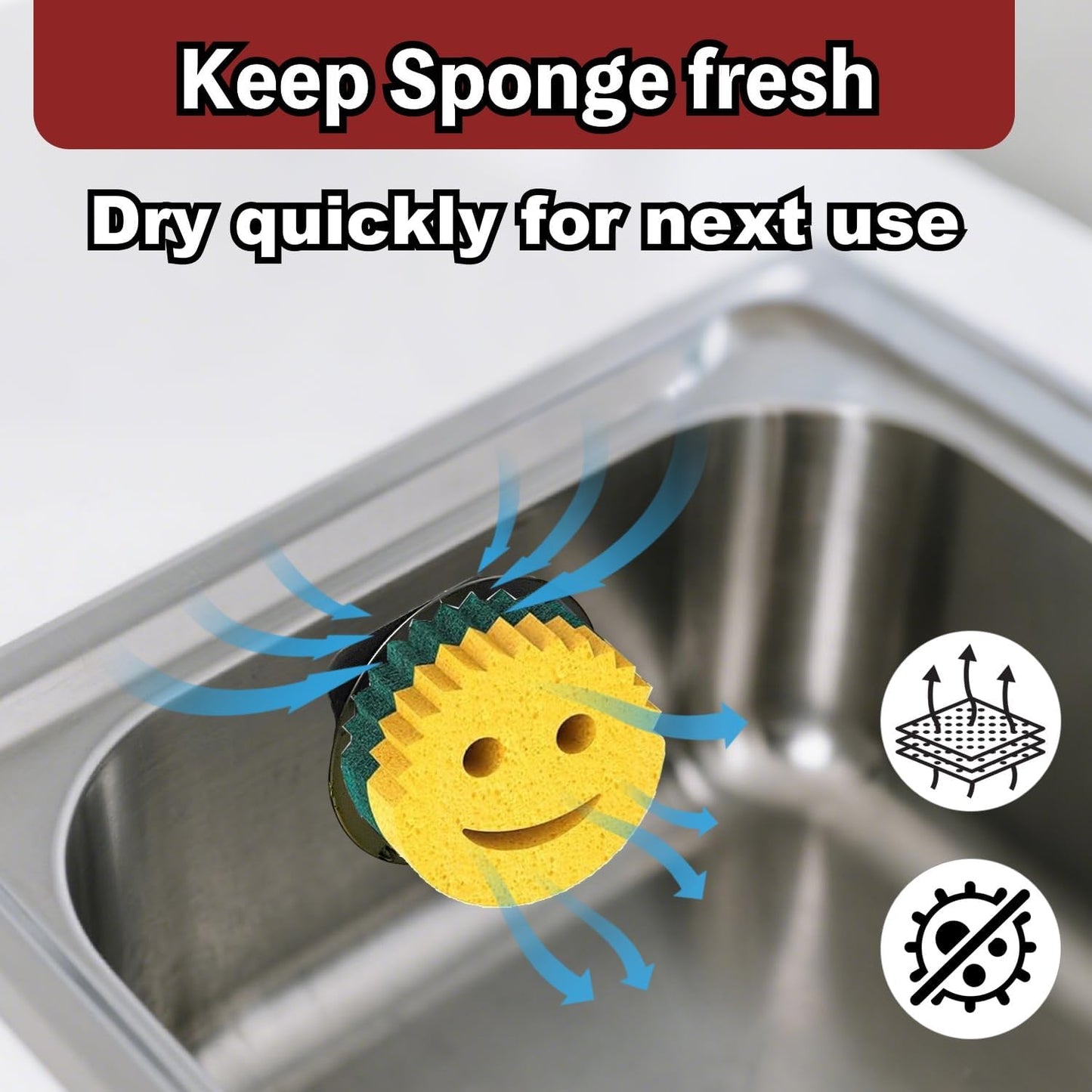 Stainless Steel Smiley Face Sponge Holder with Adhesive Hook - No Falling Risk