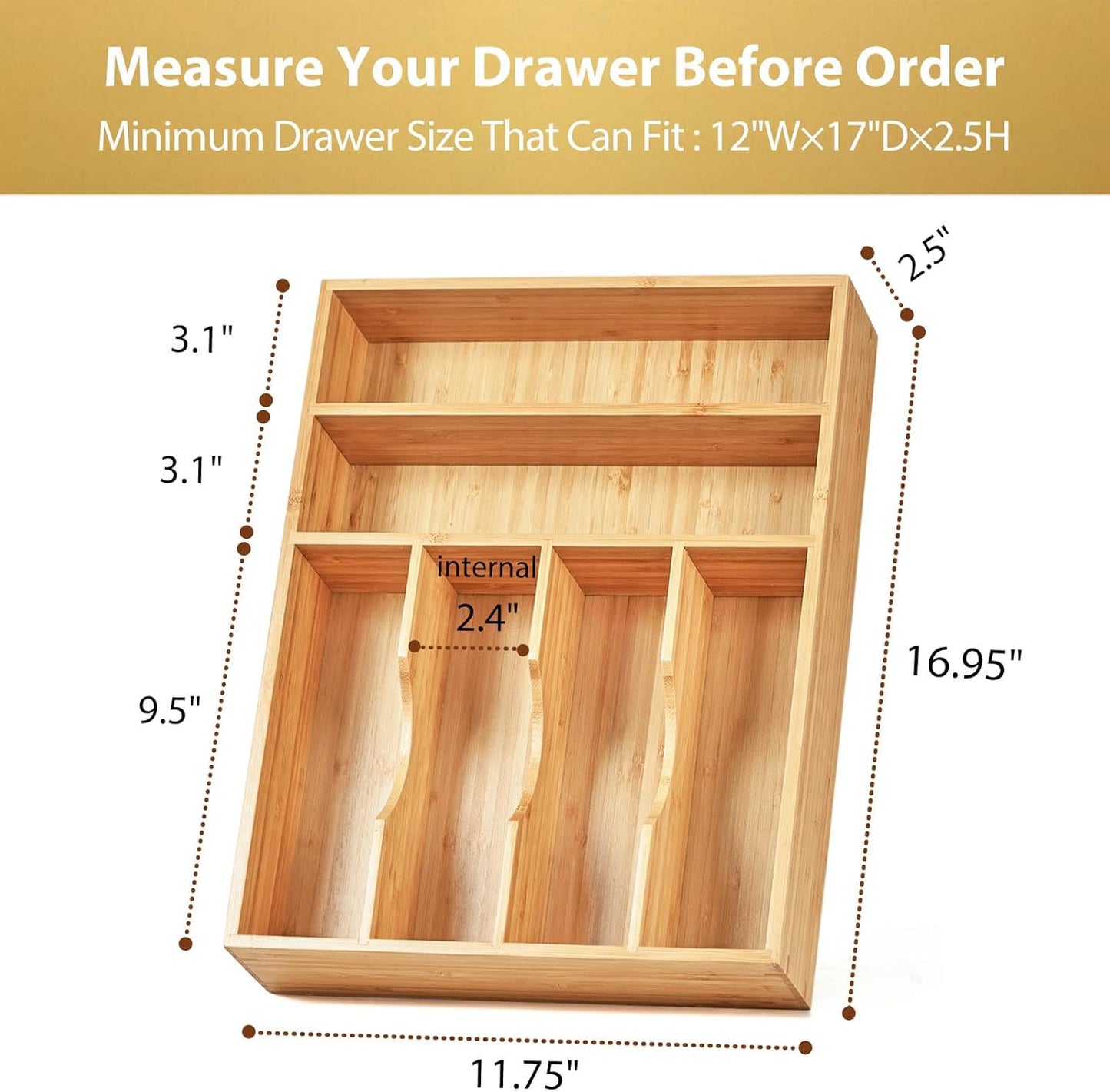 Kitchen Drawer Organizer, 12 Inch Silverware Utensil Tray Holder, Extra Deep