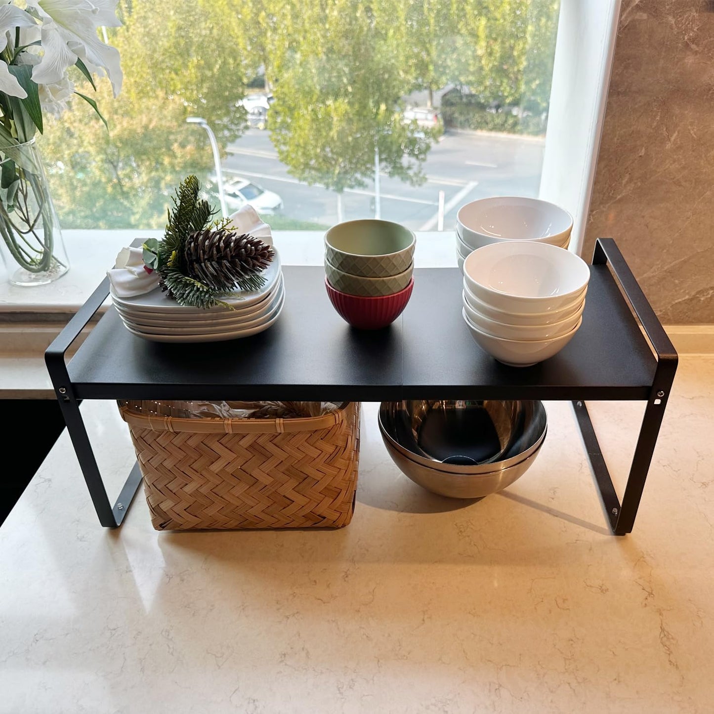 Set of 2 Expandable Cabinet Shelf Organizer, Black Kitchen Countertop Shelves