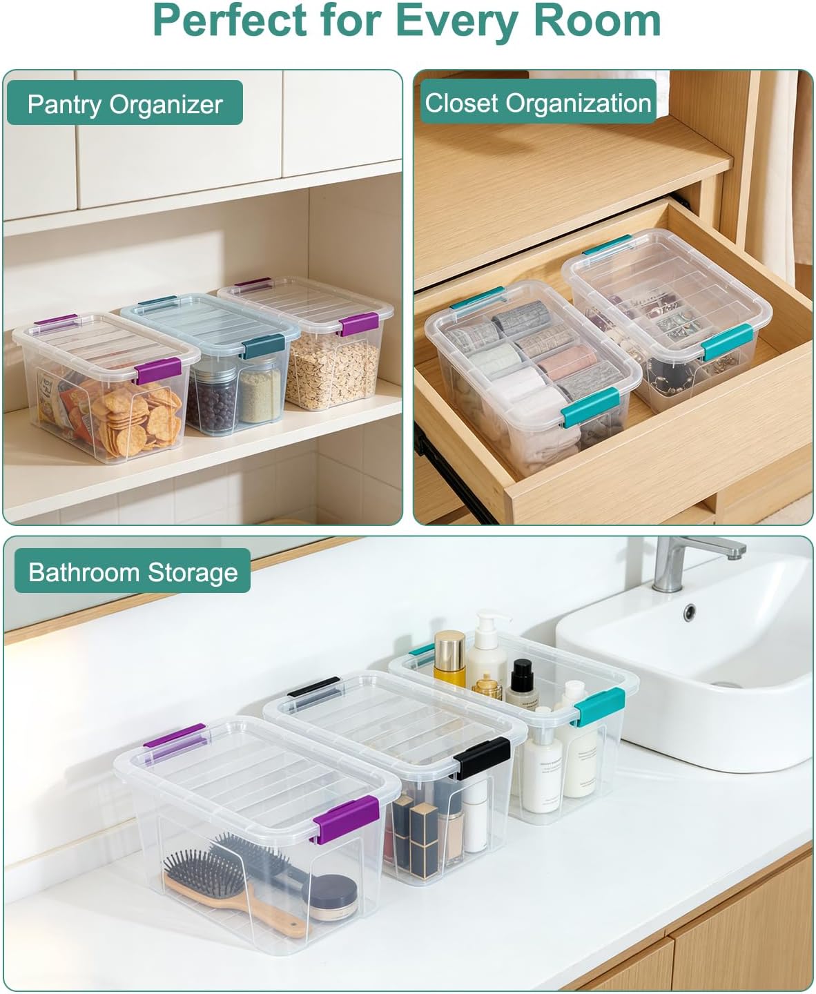 Clear Storage Bins with Lids 6 Pack, 7 Qt Stackable Storage Containers with Buckle Lock