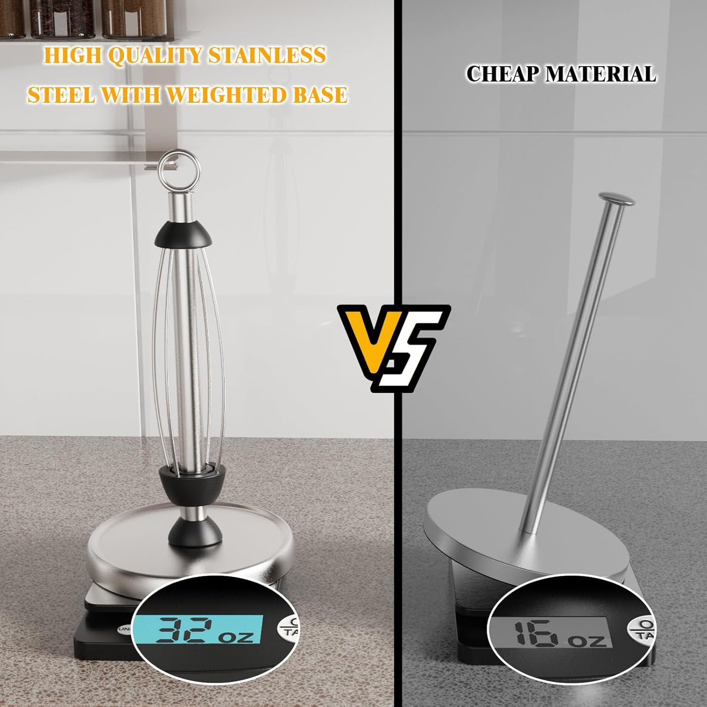Paper Towel Holder Countertop, One-Handed Tear, Stainless Steel, Weighted Base, Silver