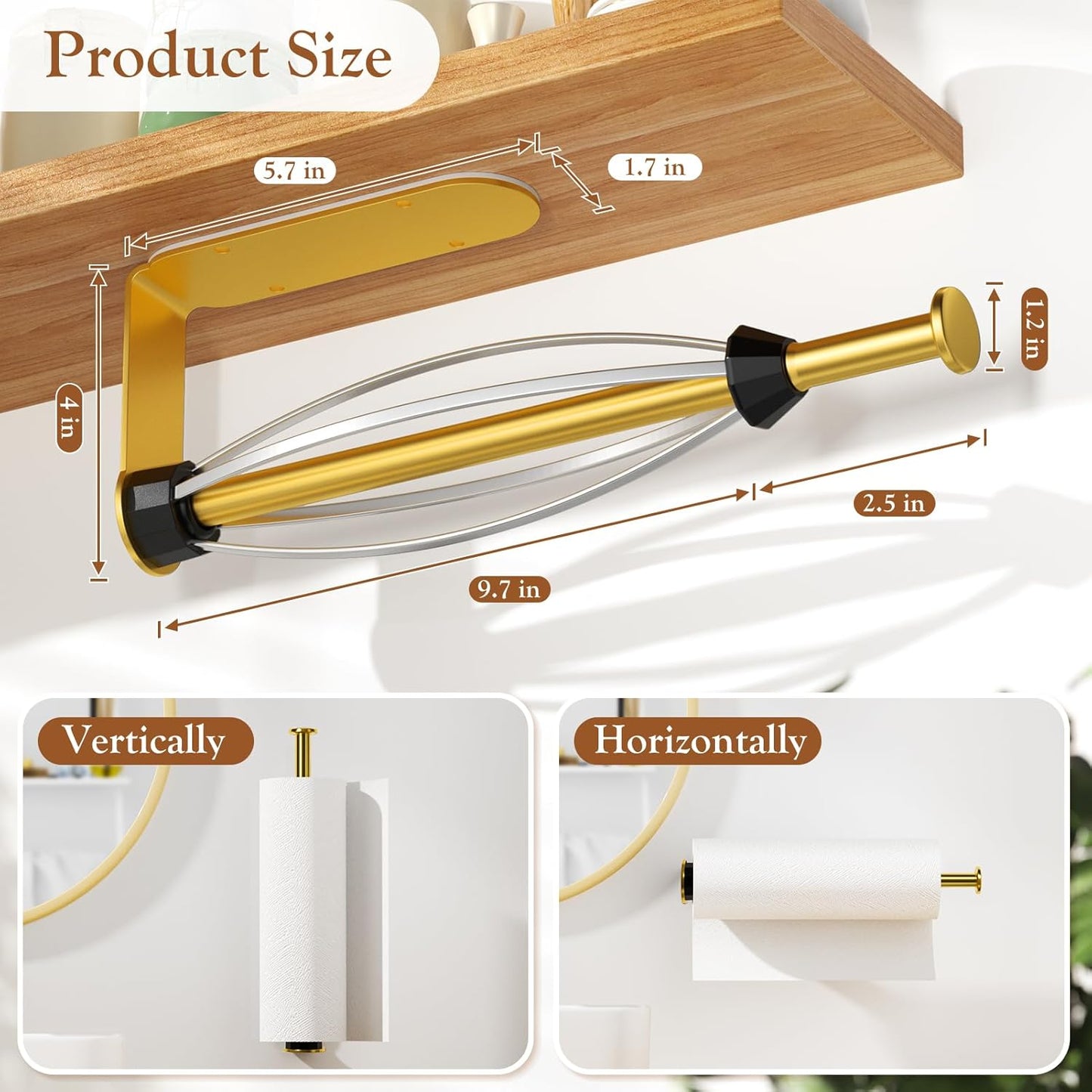 Paper Towel Holder Under Cabinet with 2 Hooks, Paper Towel Holder Wall Mount with Damping Effect