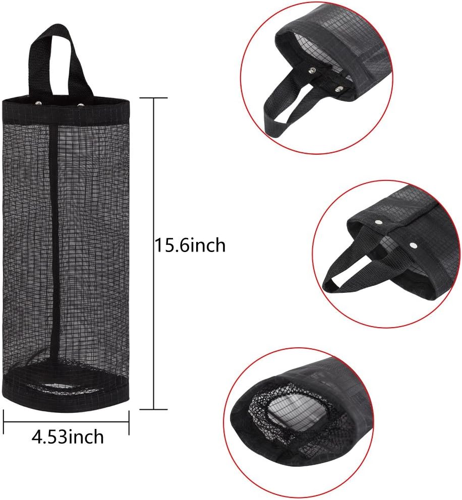 Bag Holder for Plastic Bags, 2 Pcs Polyester Grocery Bag Holder Plastic Dispenser Foldable Breathable Washable Hanging Mesh Garbage Bag Organizer for Kitchen Plastic Bag Storage (Black)