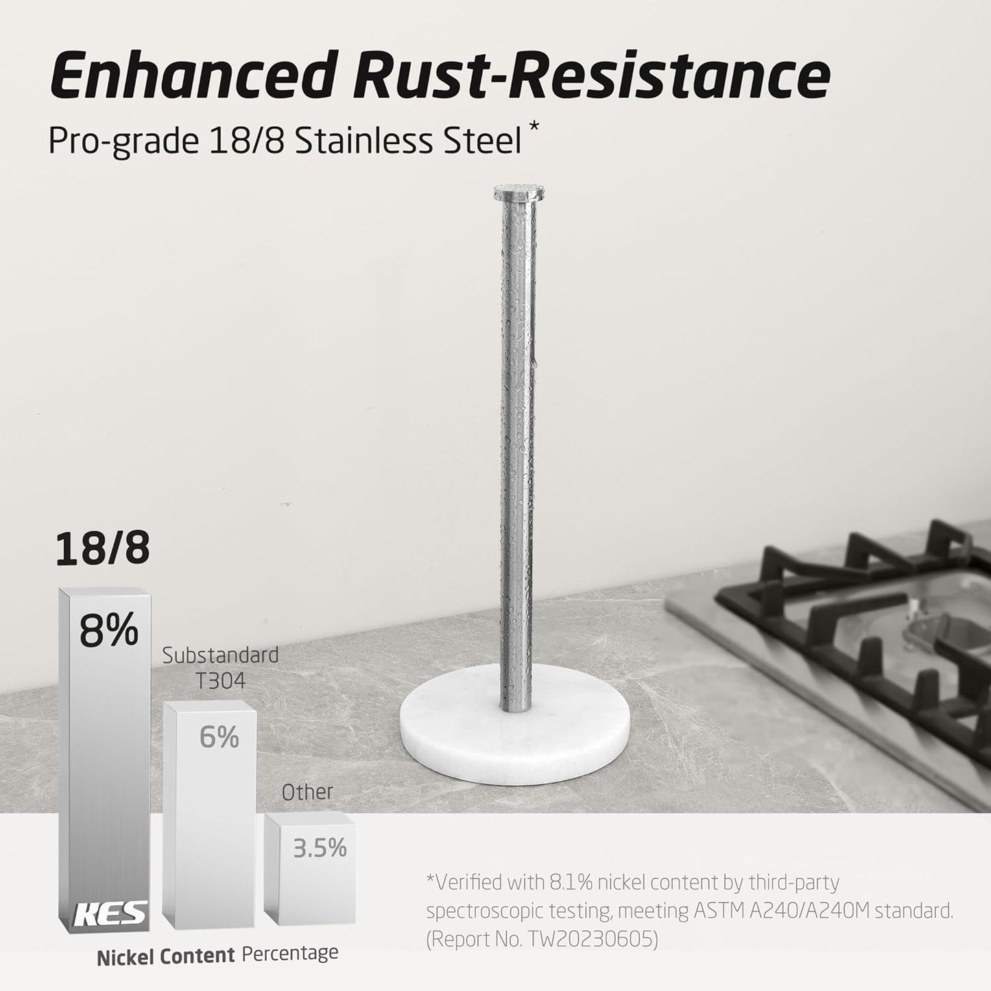 Paper Towel Holder Countertop, Paper Towel Roll Holder Stand for Kitchen with Natural Marble Base SUS304 Stainless Steel for Standard or Jumbo Rolls Brushed Finish, KPH100S14B-2